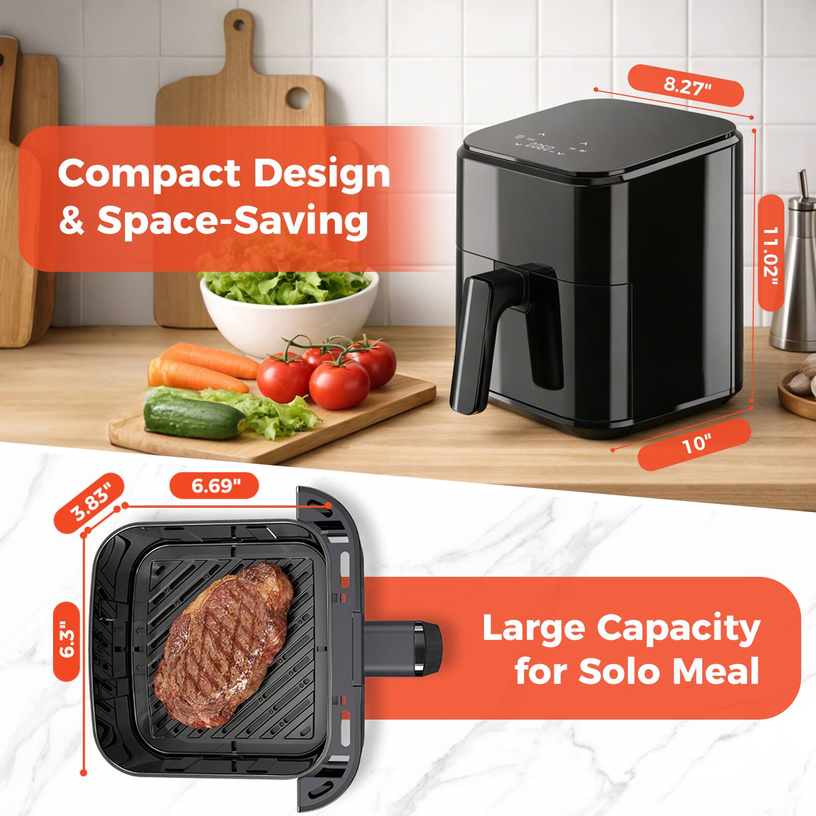 8.27"  
Compact Design & Space-Saving  
0060  
A  
11.02"  
3.83"  
6.69"  
10"  
6.3"  
Large Capacity for Solo Meal