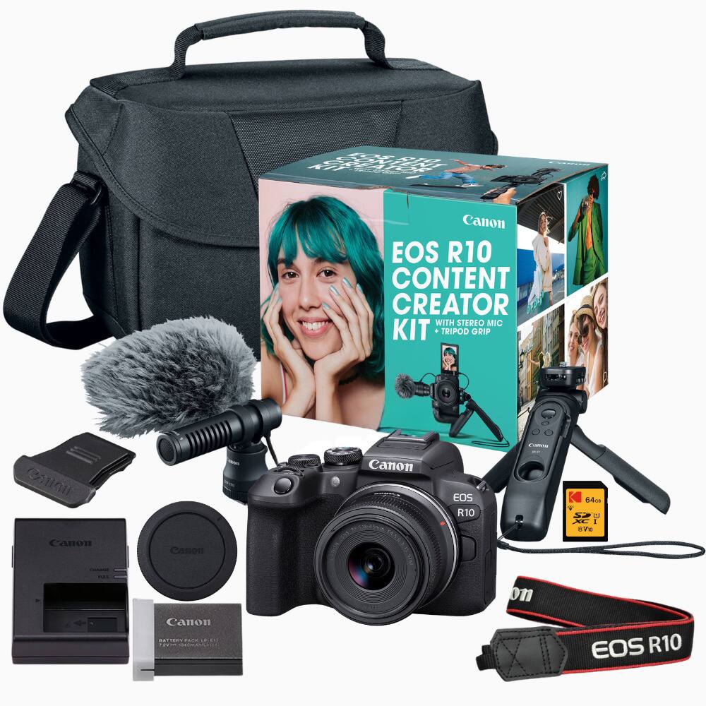 EOS R10 KIT CREATENT  
Canon EOS R10 CONTENT CREATOR WITH STEREO MIC KIT TRIPOD GRIP  
CANGU  
Canon  
EOS R10  
Canon  
64 S' N XC [ 8Vo  
Canon  
Canon  
CHANGE POLL 4  
Canon DASCERY PACK 10-847 040mayships  
on  
EOS R10