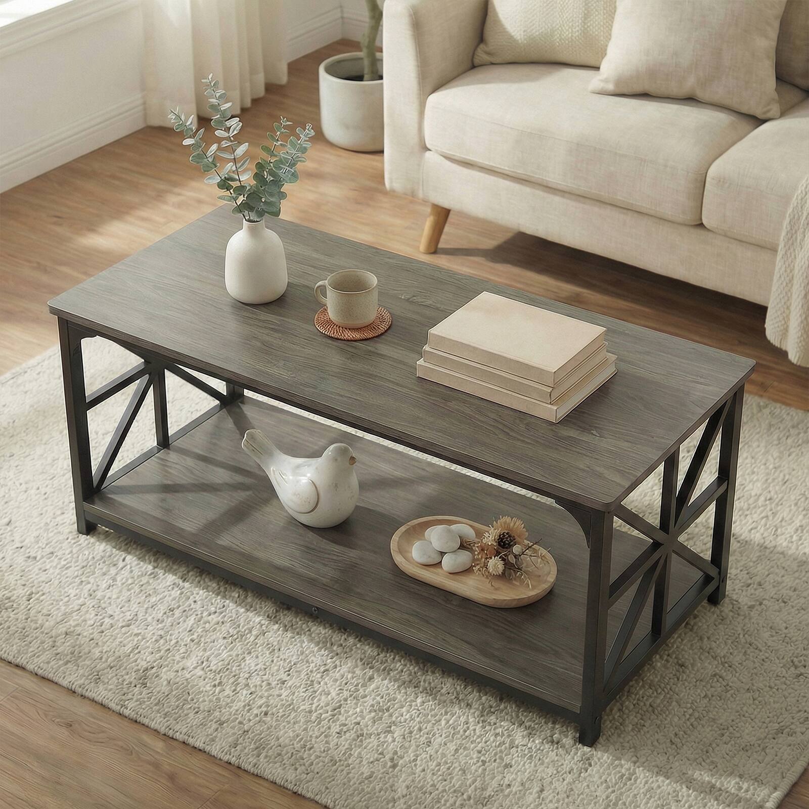 Alt View 5. Costway - Costway 2-Tier Coffee Table, Industrial Accent Table with Dual Star-shaped Metal Frames - Rustic Oak & Black.