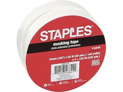 STAPLES masking tape  
cinta adhesiva protectora  

4 pack  
paquetes de 2 rolls (rollo)  

24mm (.94") x 55 M (60 yds.) x 4 = 220 M (240 yds.)  

100% recyclable  

7 18103 46841 1