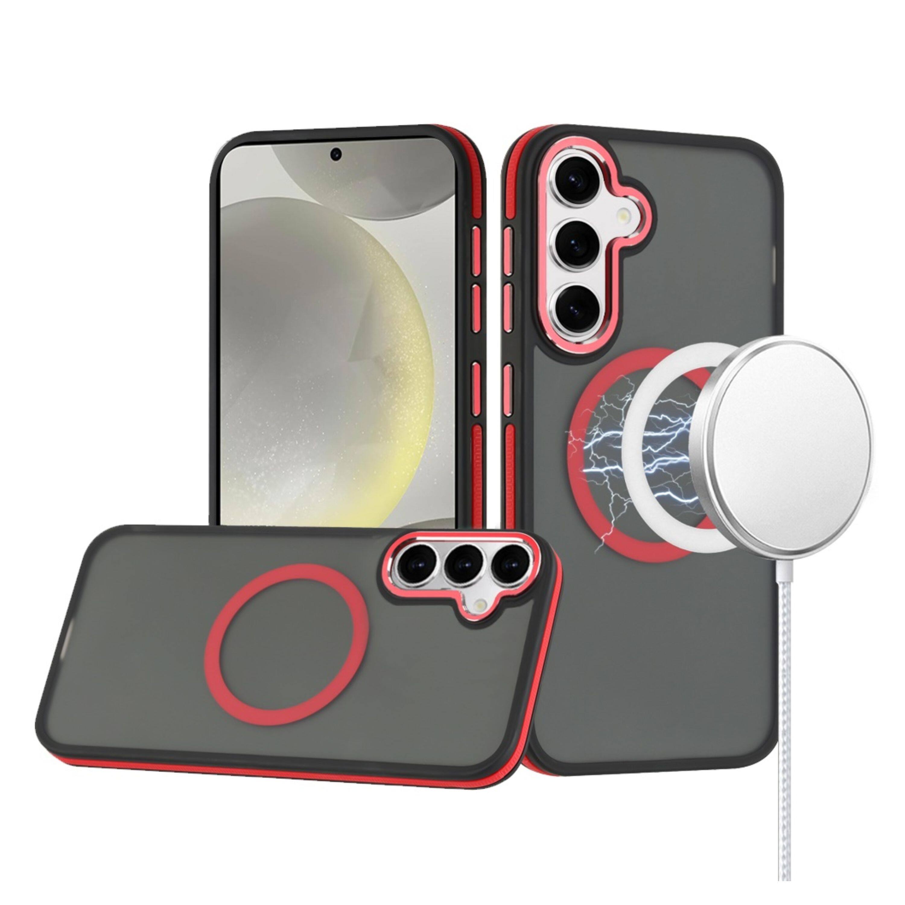 Angle. Kitcheniva - Soft Touch Finish Magnetic Circle Metal Buttons Phone Case With Tempered Glass For Samsung Galaxy S25/S24 Red - Red.