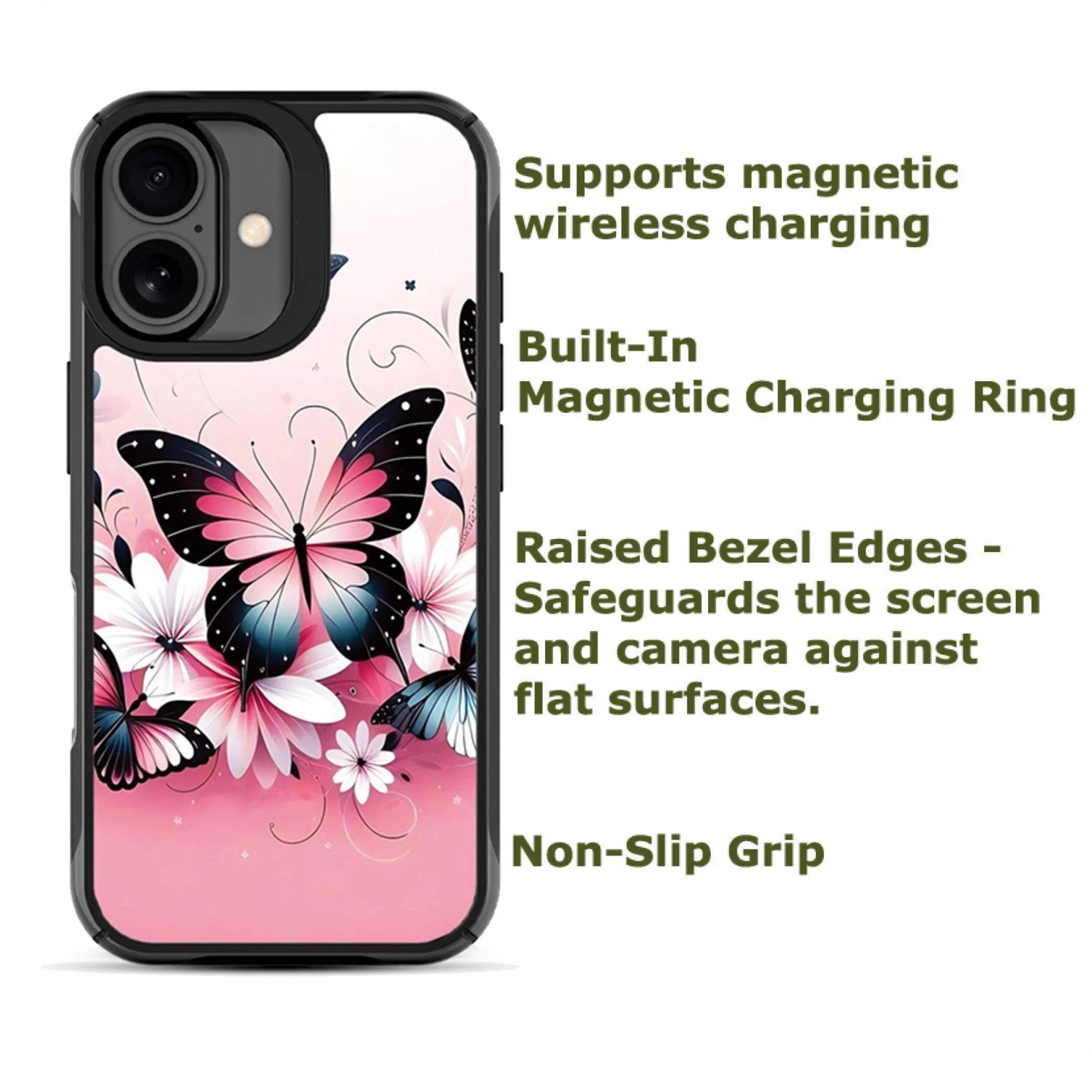 - Supports magnetic wireless charging
- Built-In Magnetic Charging Ring
- Raised Bezel Edges - Safeguards the screen and camera against flat surfaces.
- Non-Slip Grip
