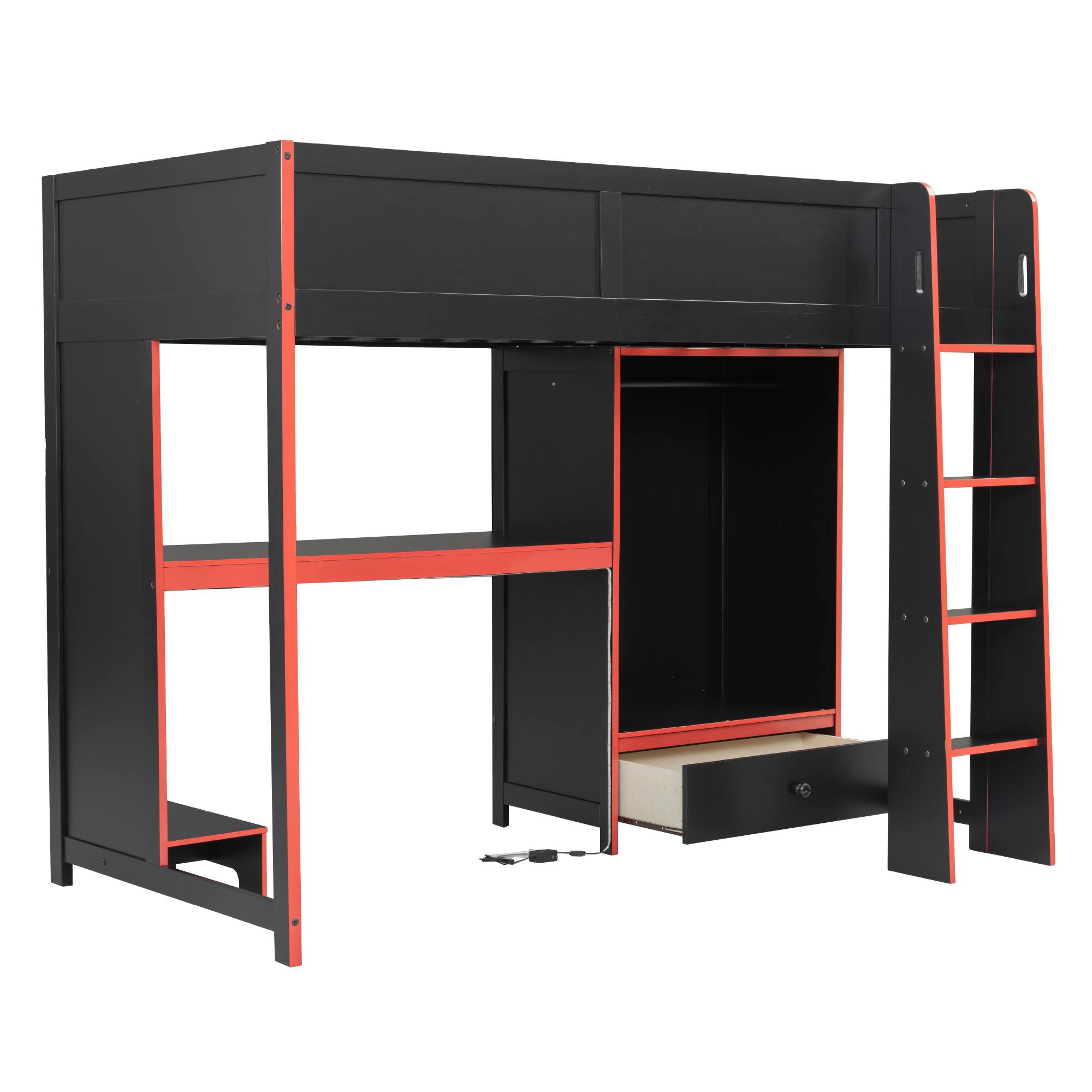 Alt View 4. Whisen - Twin Size Gaming Loft Bed with Desk, Wardrobe, Drawer & RGB LED Lights - Black.