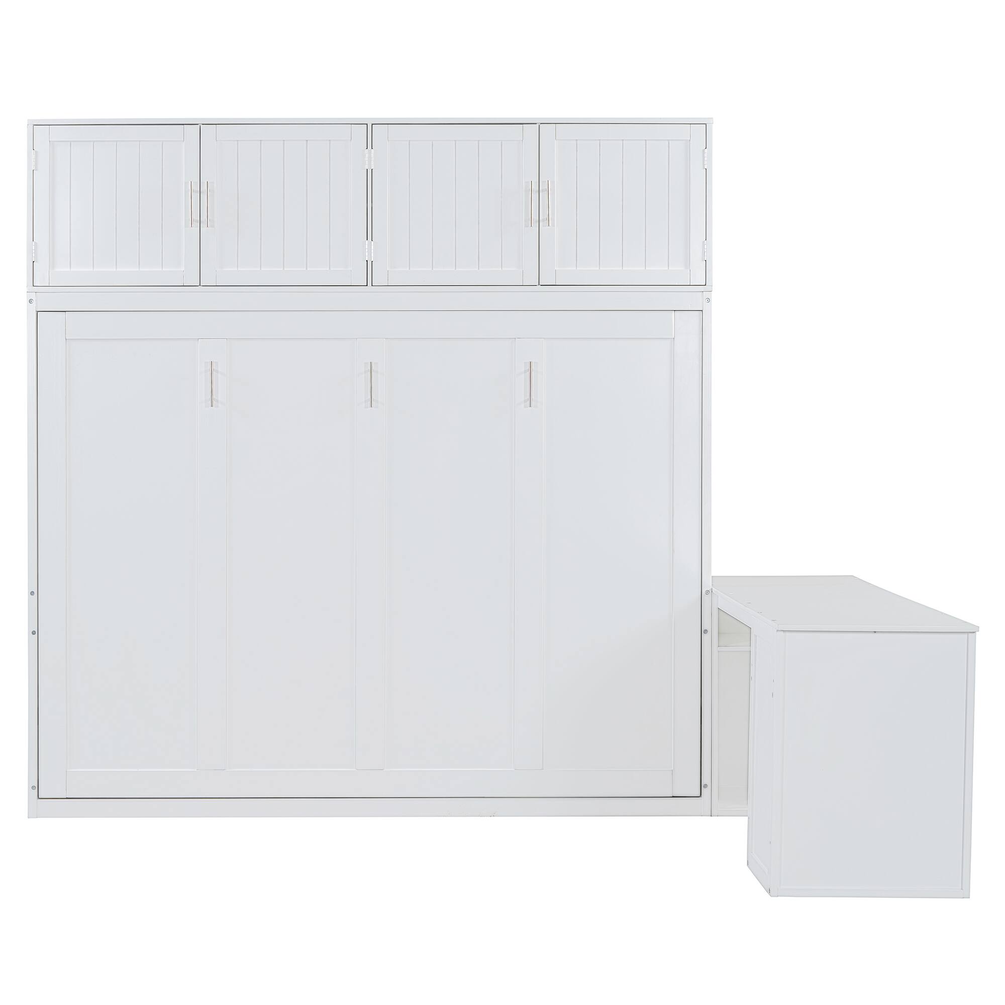 Left. Tiramisubest - Queen Size Wall Murphy Bed with Desk, Storage, White Wood, Space-Saving - White.