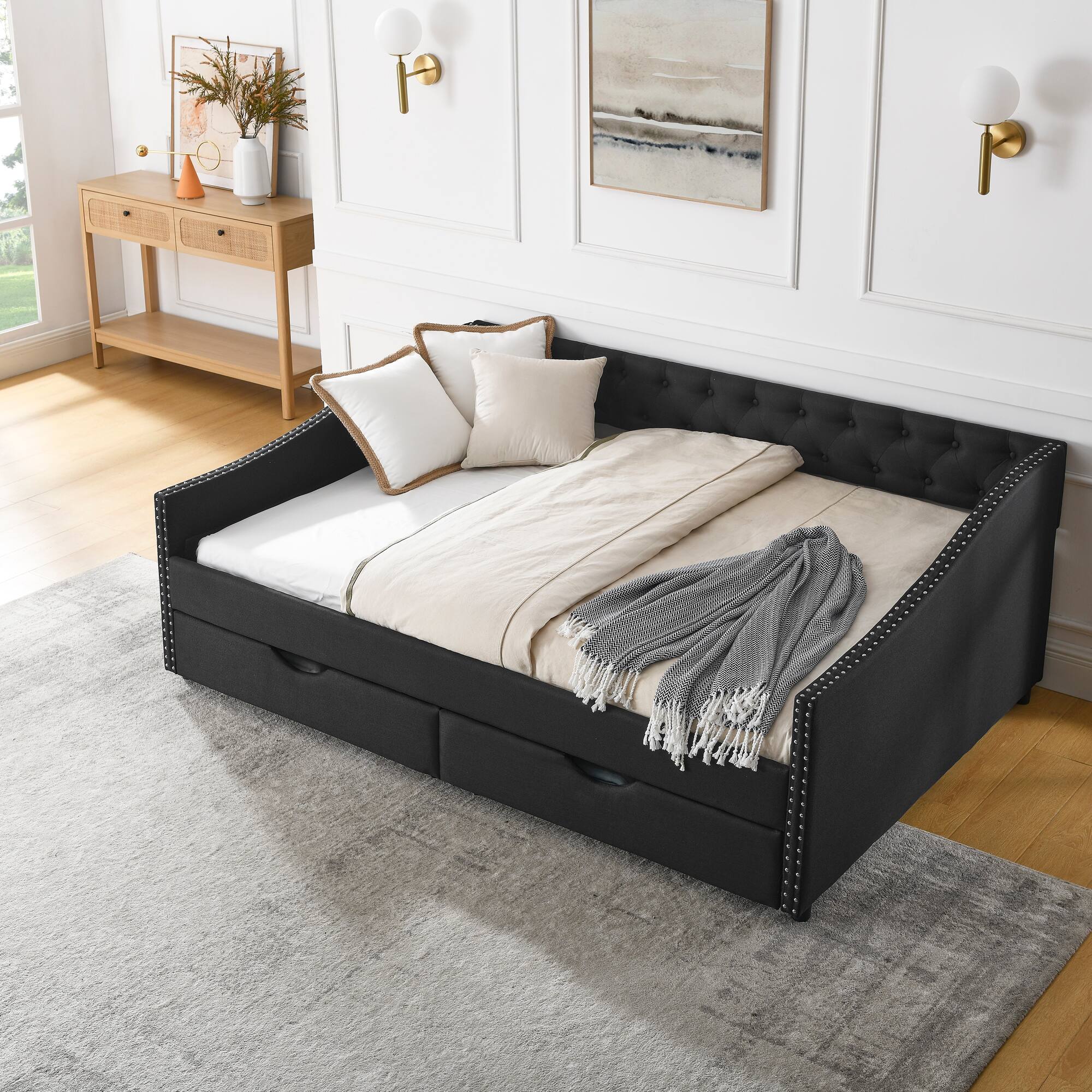 Back. Tiramisubest - Full Size Daybed with Drawers Upholstered Tufted Sofa Bed, (80.5''x55.5''x27.5'') - Black.