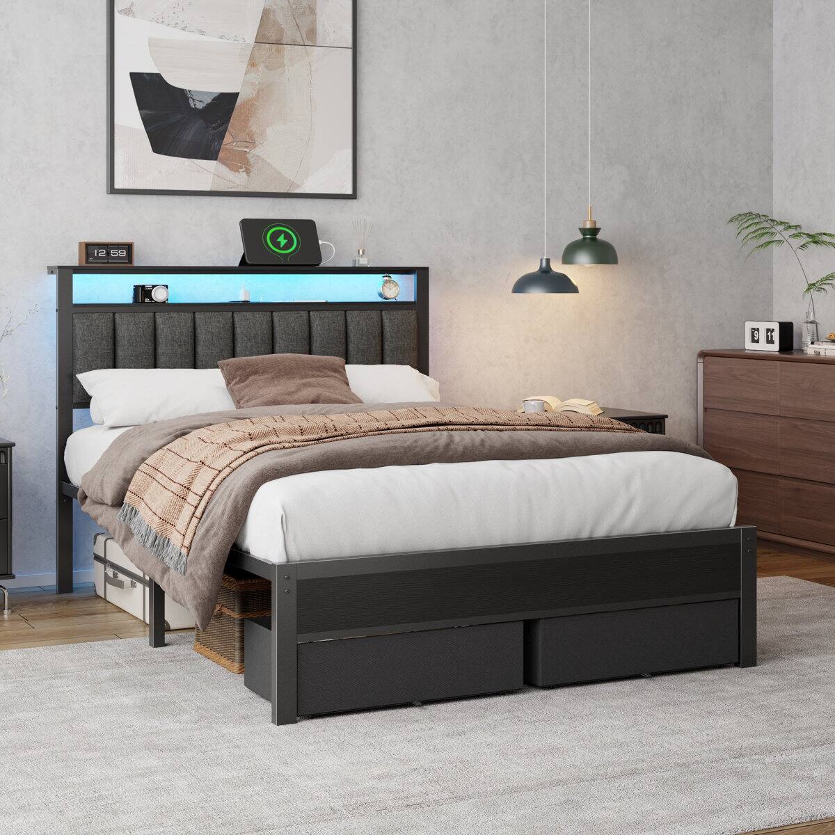 Alt View 4. Furnulem - Upholstered Bed Frame with 2 Storage Drawers Modern Platform Bed with Charging Station & LED Light - Black.