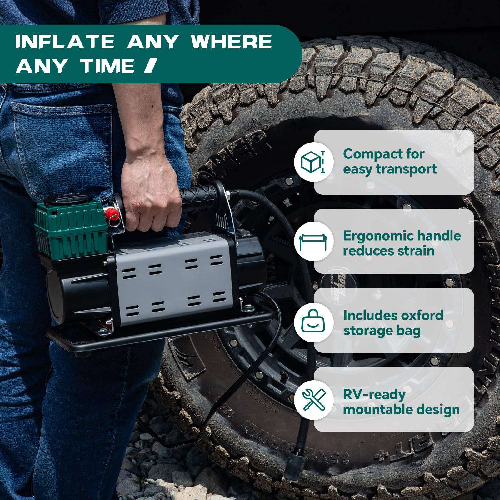 INFLATE ANY WHERE ANY TIME

- Compact for easy transport
- Ergonomic handle reduces strain
- Includes oxford storage bag
- RV-ready mountable design