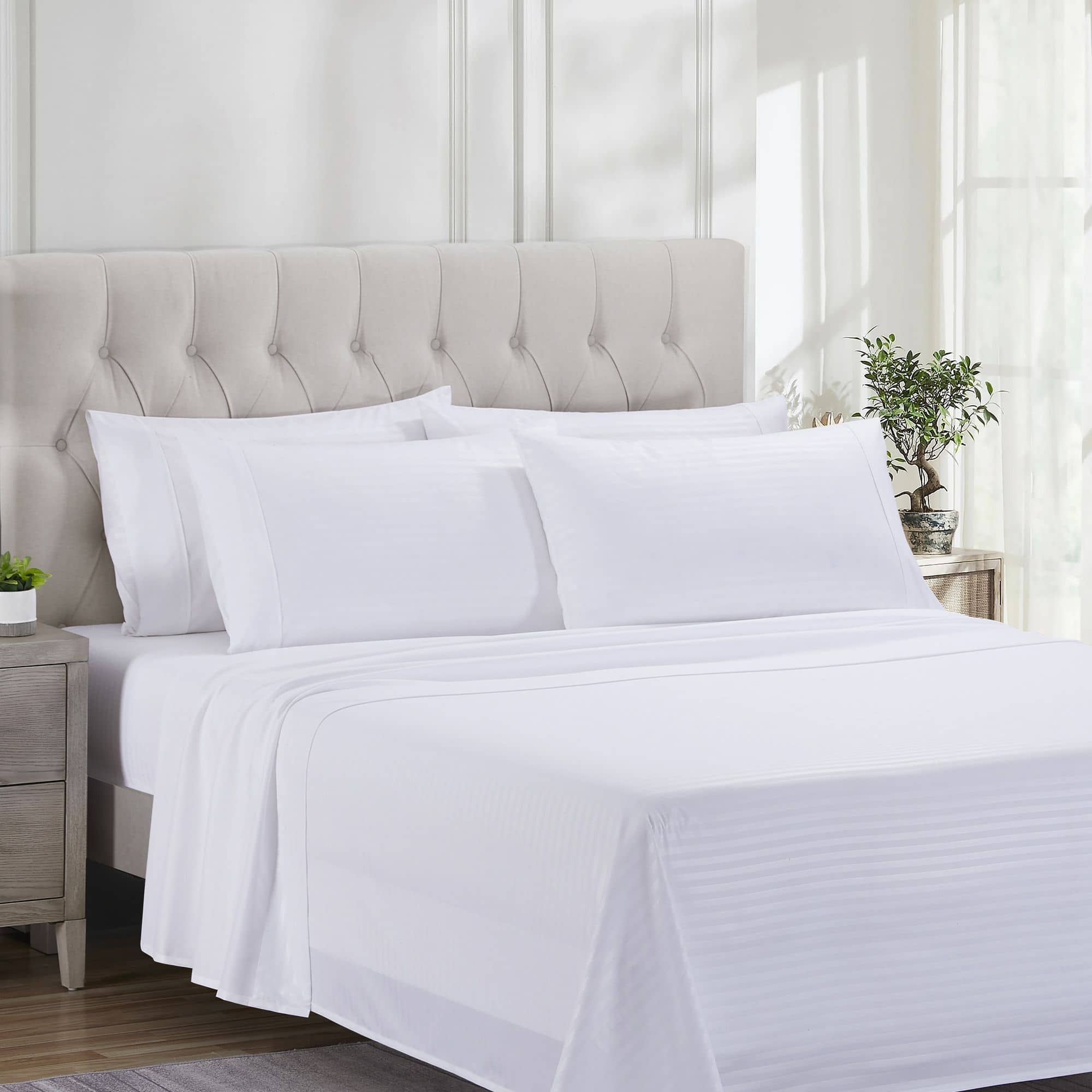 Photos - Bed Linen Sweet Home Collection - 6 Piece Embossed Dobby Stripe Sheet Set, Double Brushed Microfiber, Full - White