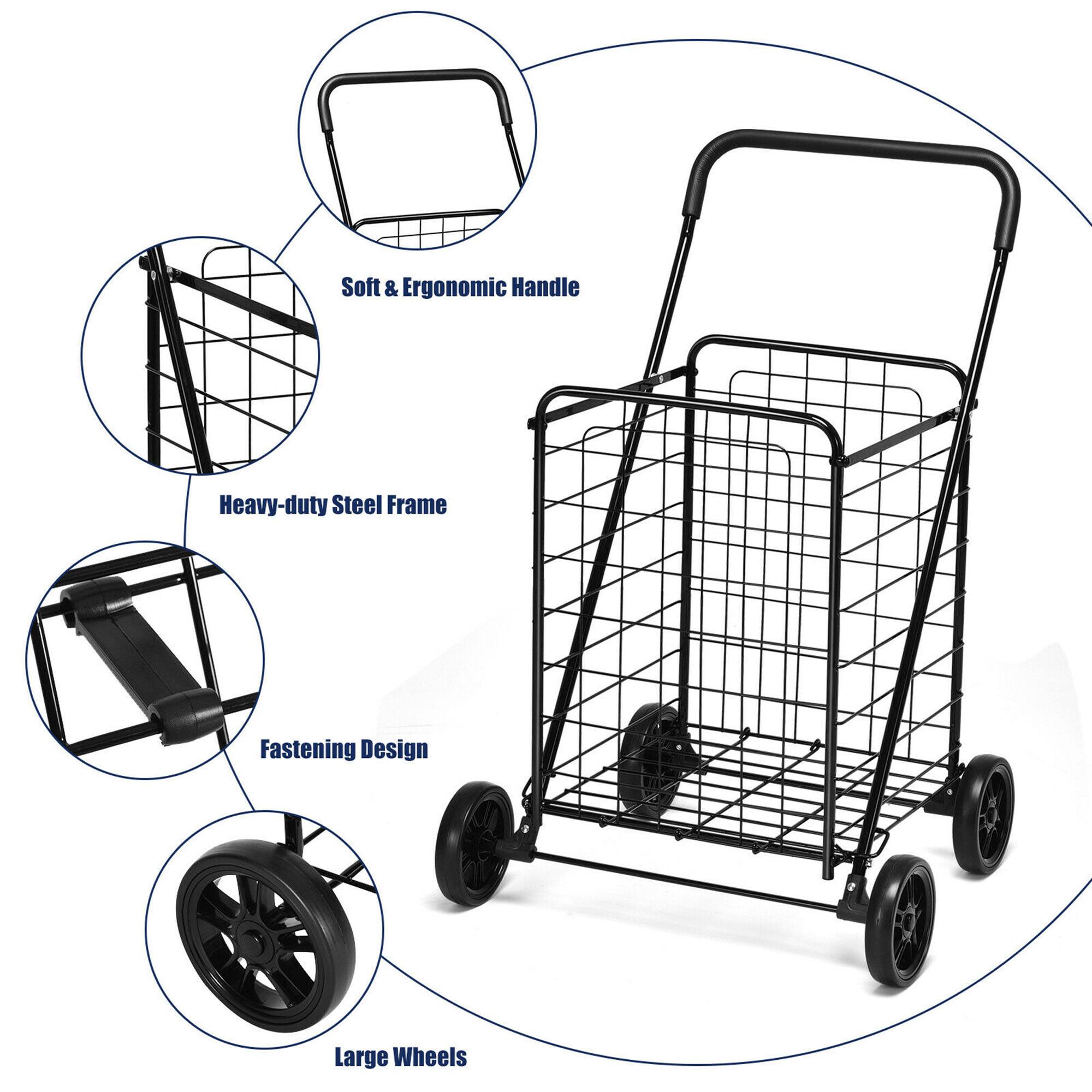 The image shows a black shopping cart with a steel frame and large wheels. It also features a soft and ergonomic handle for easy maneuvering. The cart is designed for heavy-duty use and has a fastening design for added security.