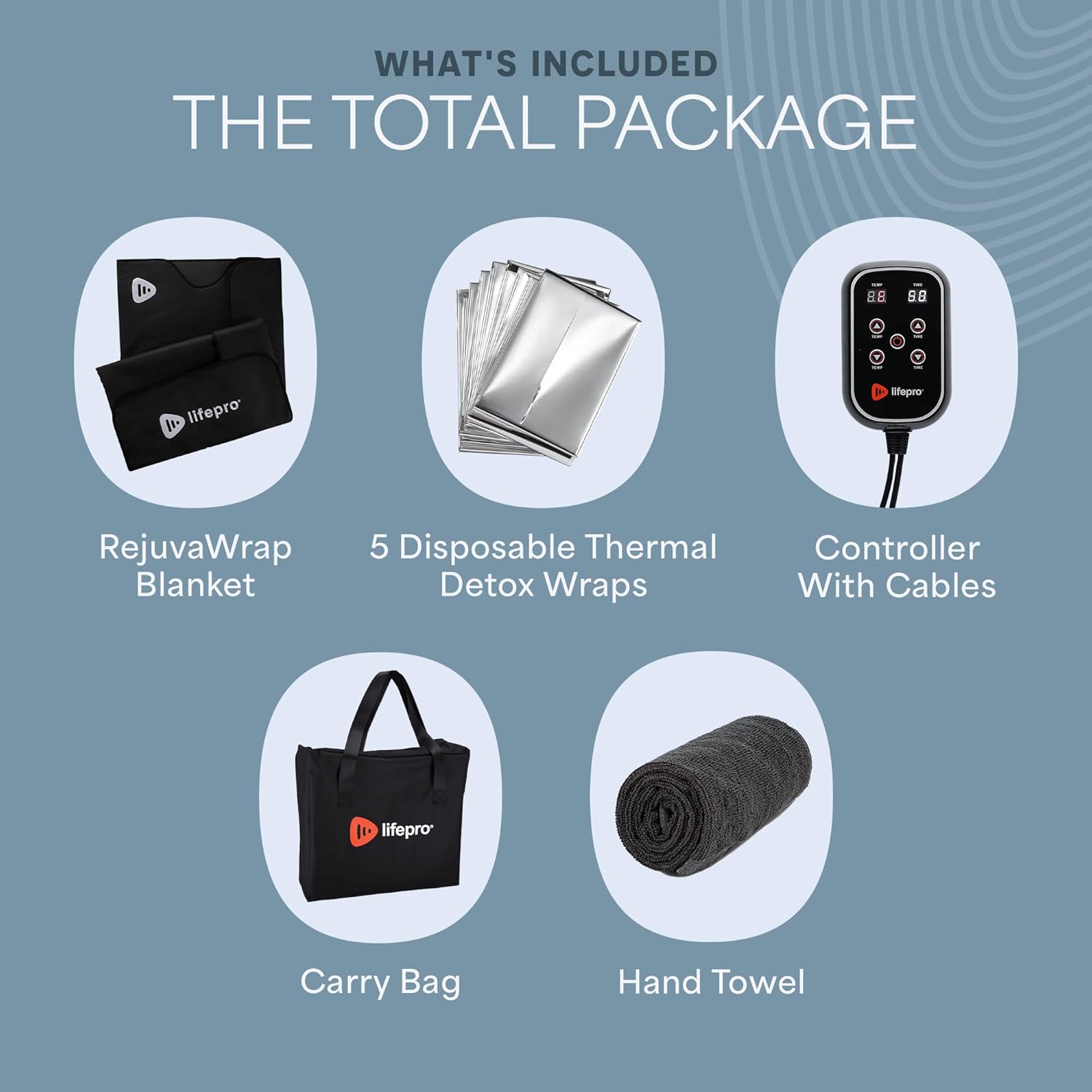 WHAT'S INCLUDED  
THE TOTAL PACKAGE  

- RejuvaWrap Blanket  
- 5 Disposable Thermal Detox Wraps  
- Controller With Cables  
- Carry Bag  
- Hand Towel