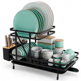 Costway - Dish Drying Rack Collapsible 2 Tier Dish Rack and Drainboard Set Kitchen Counter - Black