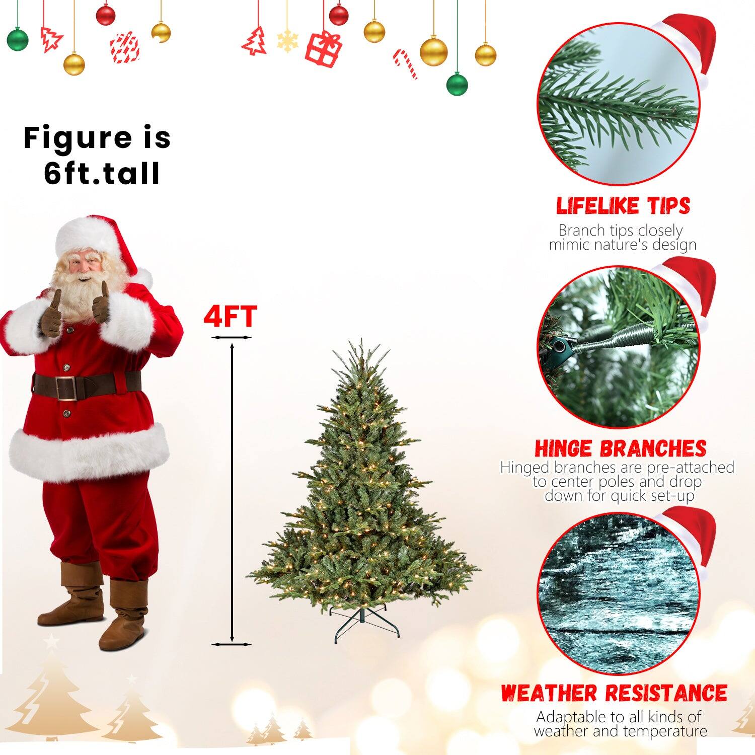 - Figure is 6ft. tall
- 4FT
- LIFELIKE TIPS: Branch tips closely mimic nature's design
- HINGE BRANCHES: Hinged branches are pre-attached to center poles and drop down for quick set-up
- WEATHER RESISTANCE: Adaptable to all kinds of weather and temperature