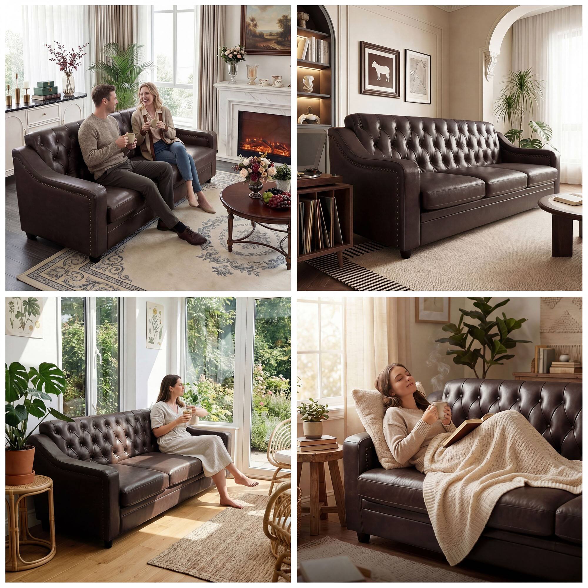 Alt View 1. Dyonery - 78.7" Three Seater Sofa, Chesterfield Sofa, Mid-Century Modern PU Upholstered, Deep Button Tufted Living Room Sofa,Brown - Black.