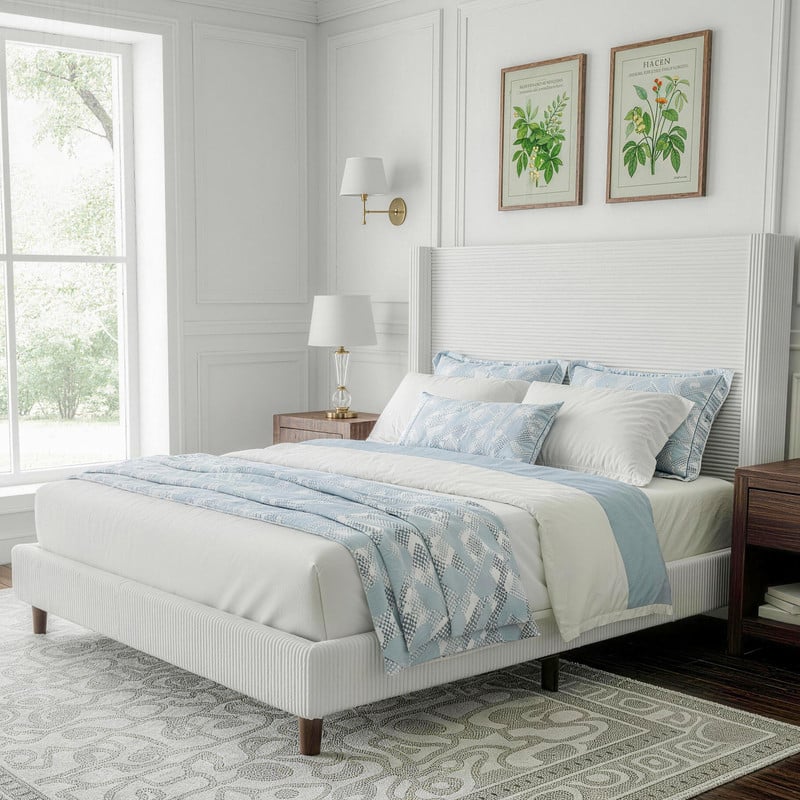 Dyonery - corduroy bed frame, 56-inch corduroy soft-padded bed frame, no box spring required,Queen,Cream color - White