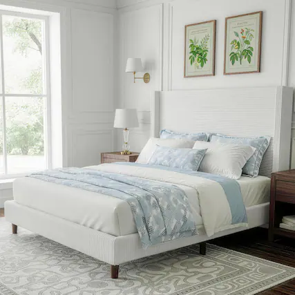 Front. Dyonery - Dyonery corduroy bed frame, 56-inch corduroy soft-padded bed frame, no box spring required,Queen,Cream color - White.