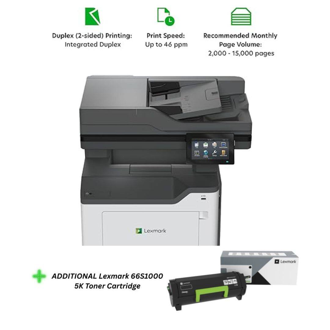 Duplex (2-sided) Printing: Integrated Duplex  
Print Speed: Up to 46 ppm  
Recommended Monthly Page Volume: 2,000 - 15,000 pages  

Lexmark  
+ ADDITIONAL Lexmark 66S1000 5K Toner Cartridge