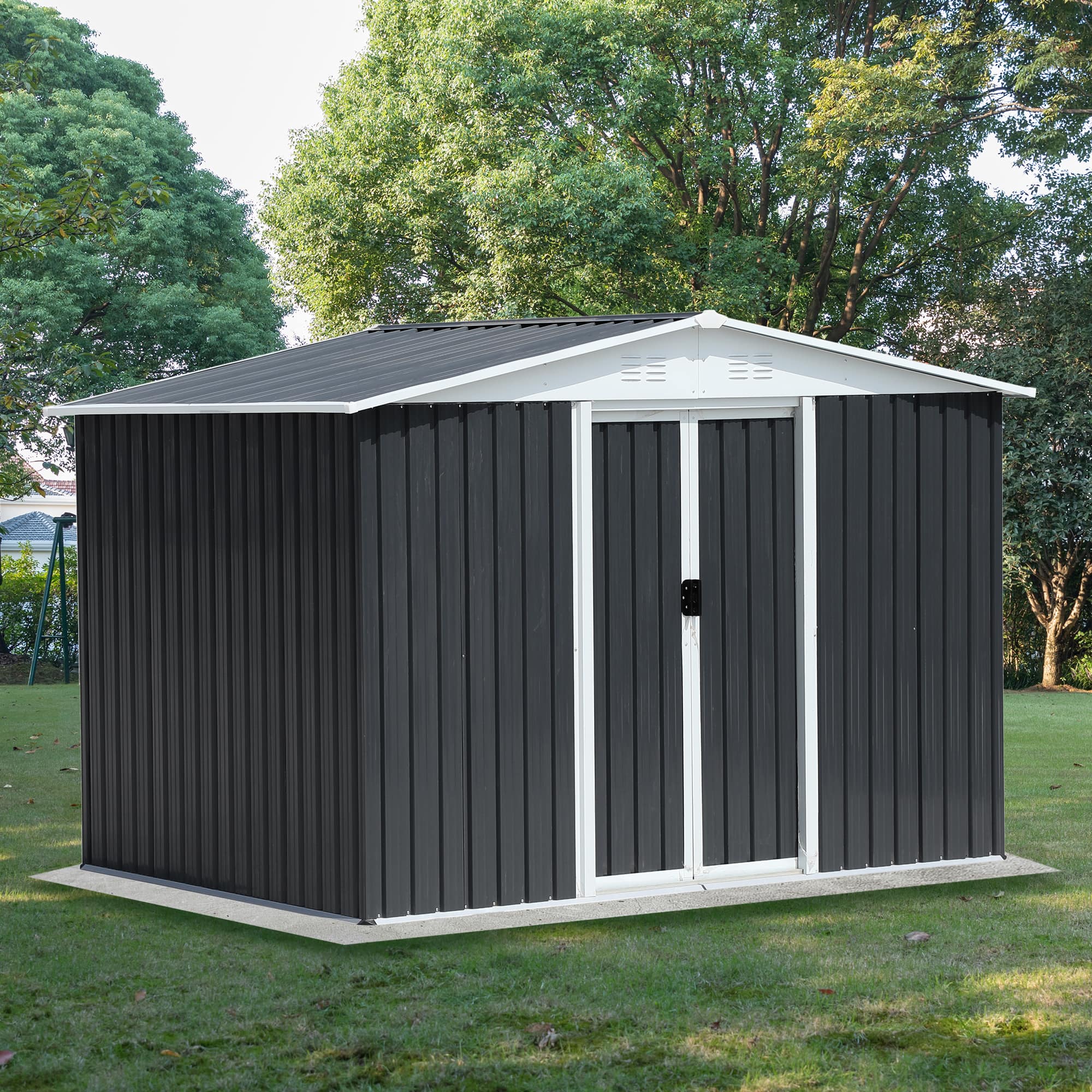 TinyHomie - 8 x 6 FT Apex Roof Dark Grey Aluminum Alloy Frame Garden Shed With Sliding Door