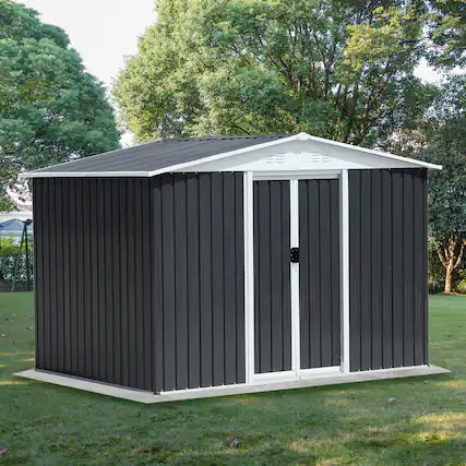 Front. Anysun - 8x6 Feet Apex Roof Dark Grey Aluminum Alloy Frame Garden Shed with Sliding Door – Galvanized Steel Metal Storage - Grey.