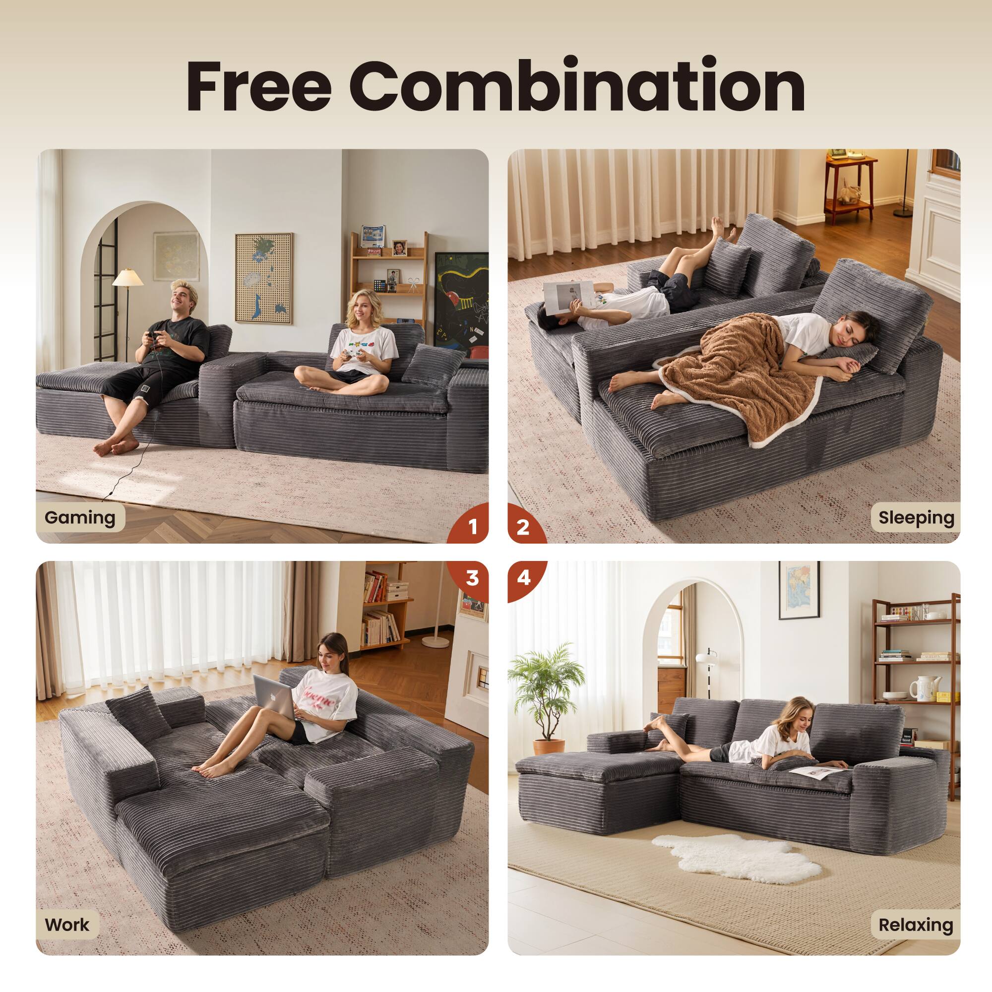 Free Combination

1. Gaming
2. Sleeping
3. Work
4. Relaxing