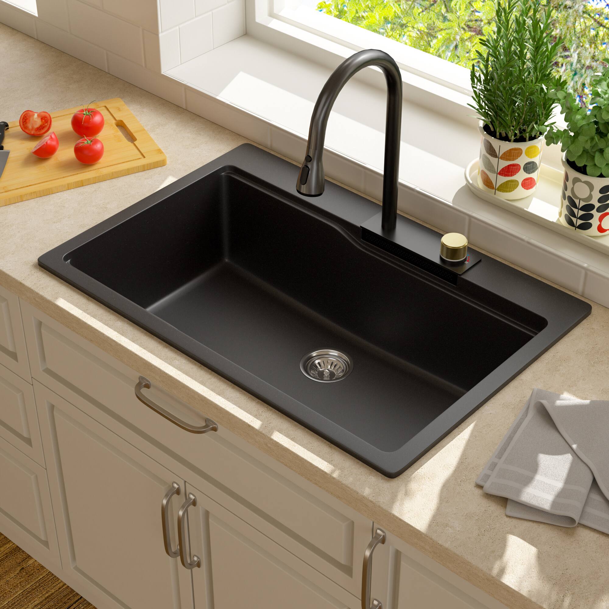 Back. Lordear - 33x22x10 Inch Black Granite Composite Drop In Waterfall kitchen Sink Single Bowl Quartz Workstation Kitchen Sink - Black.