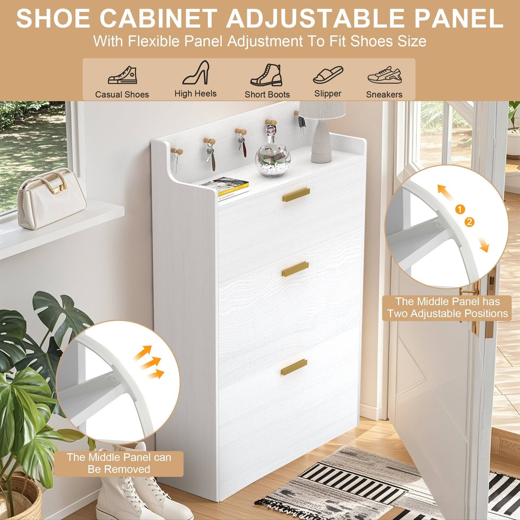 SHOE CABINET ADJUSTABLE PANEL  
With Flexible Panel Adjustment To Fit Shoes Size  

Casual Shoes  
High Heels  
Short Boots  
Slipper  
Sneakers  

The Middle Panel has Two Adjustable Positions  

The Middle Panel can Be Removed