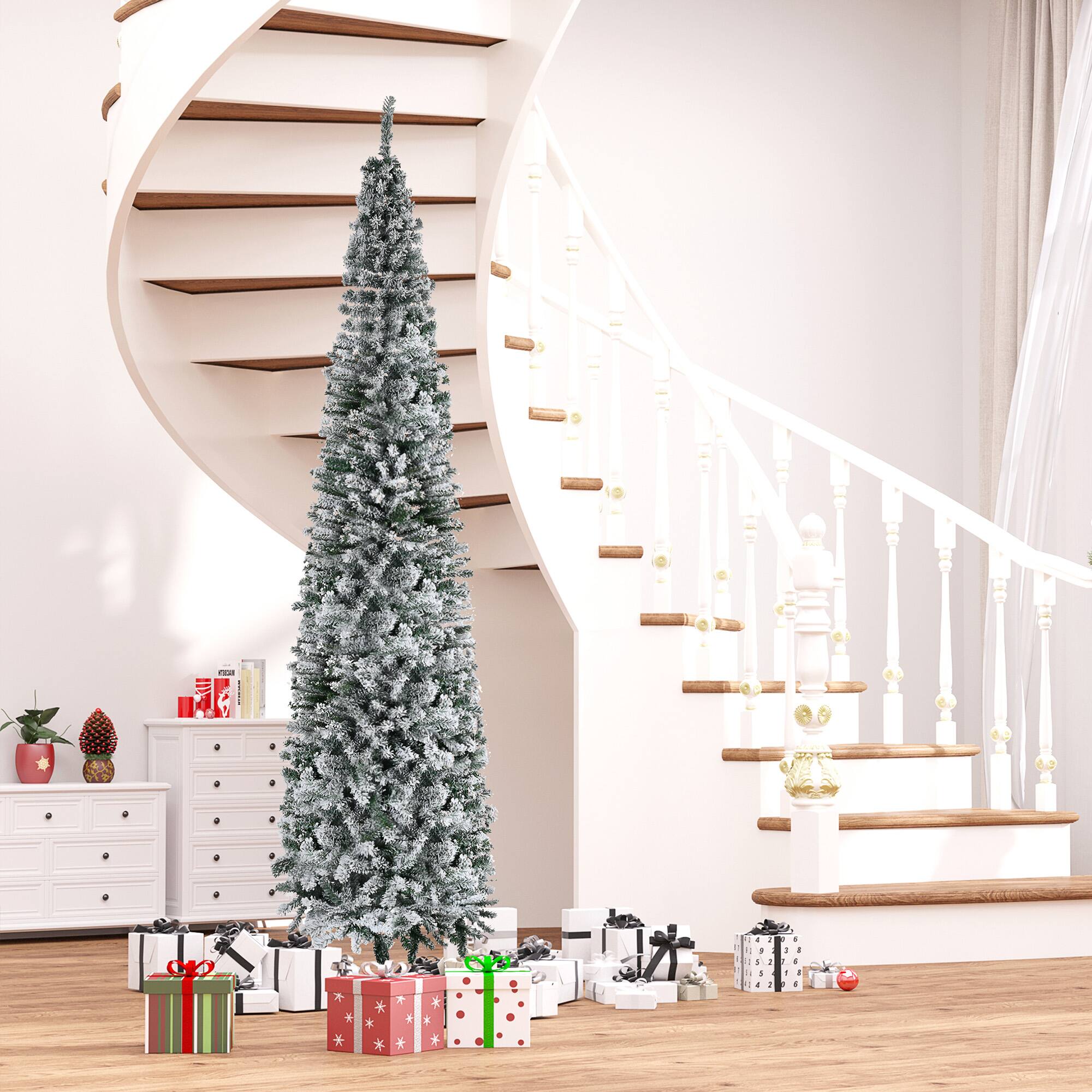 Alt View 1. Homcom - Tall Unlit Snow-Flocked Slim Artificial Christmas Tree with Realistic Branches and 1014 Tips - Green.