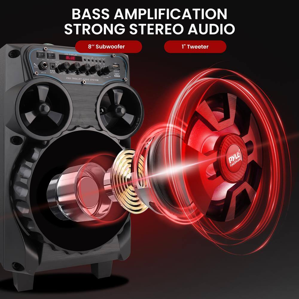 BASS AMPLIFICATION  
STRONG STEREO AUDIO  

8" Subwoofer  
1" Tweeter  

BLUE  
PRO TROLLEY AUDIO SYSTEM  

PYLE