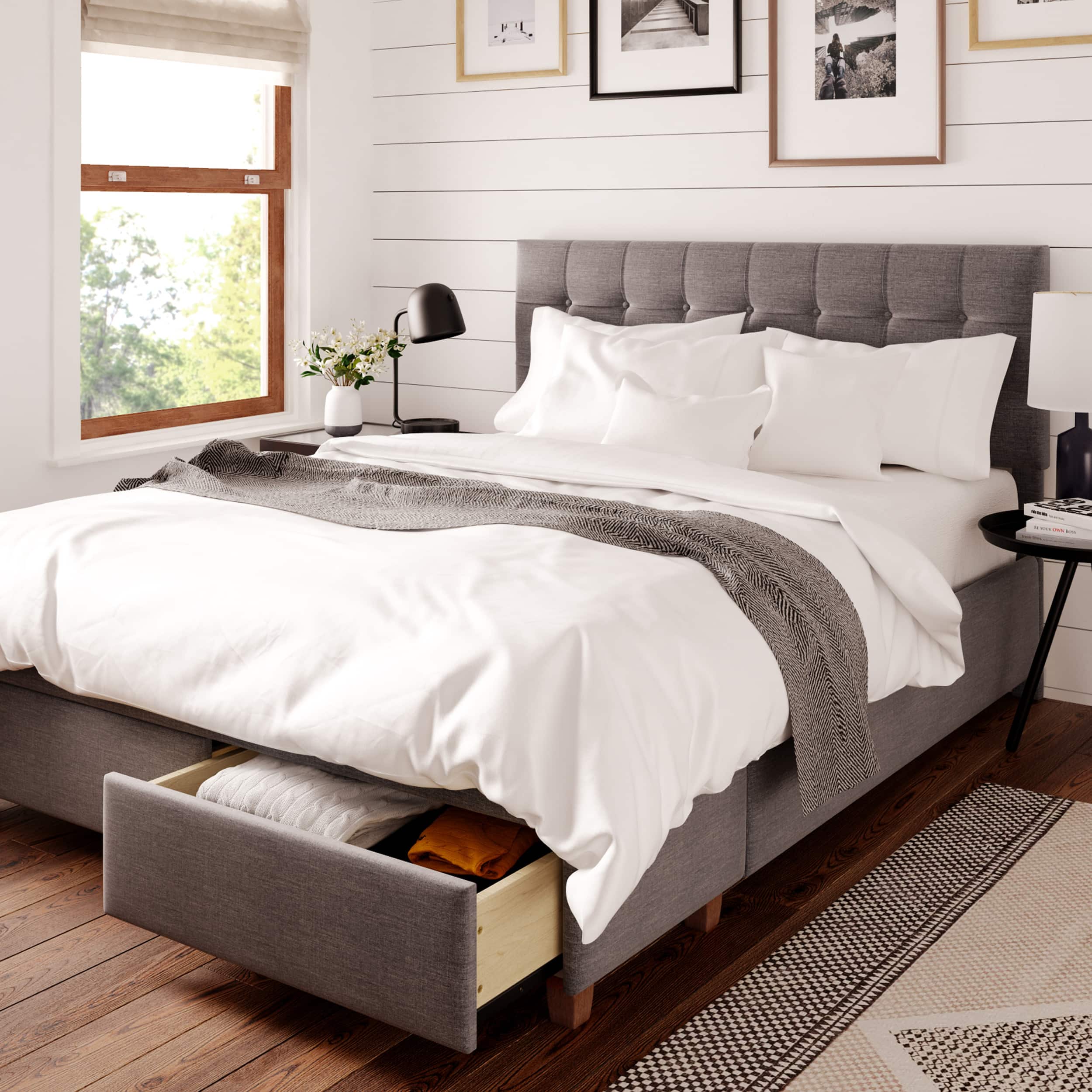 Angle. Click Decor - Edmond Storage Bed with Adjustable Height Headboard Queen Size - Dark Gray.