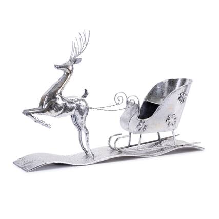 Front. BreeBe - Hammered Metal Reindeer with Sleigh 25.5"L - Silver.