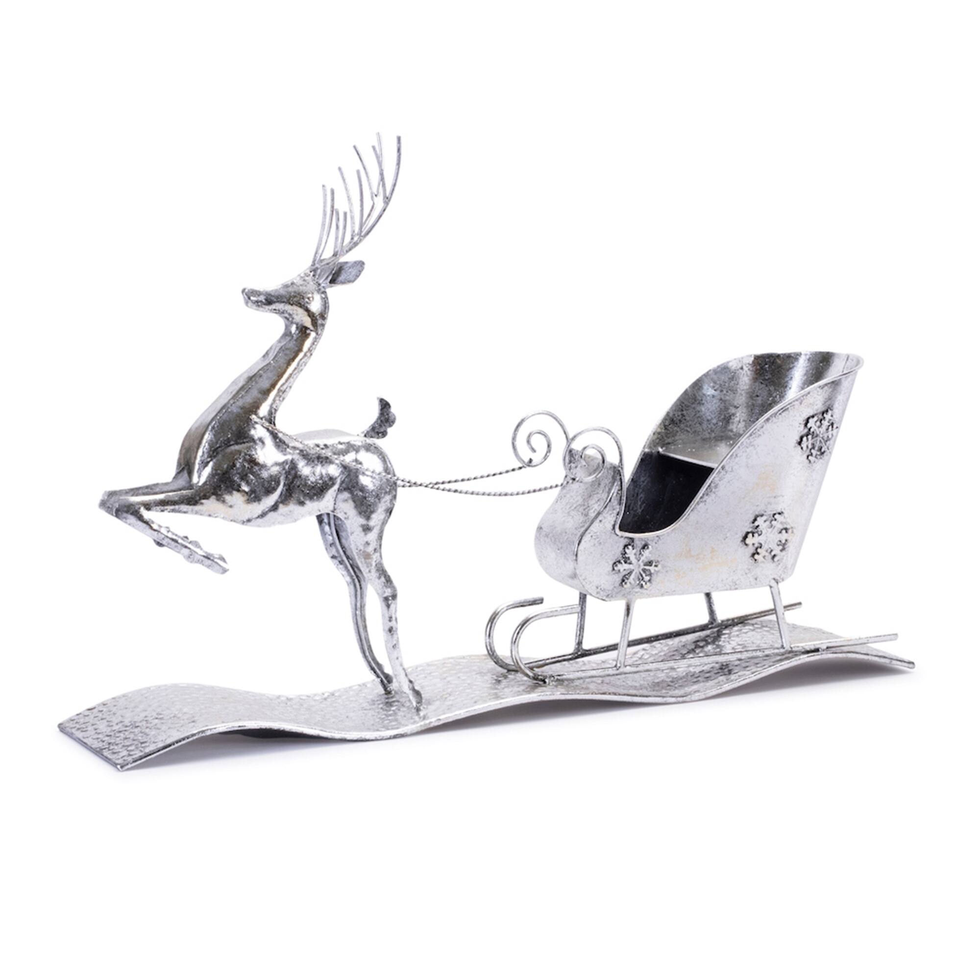 Front. BreeBe - Hammered Metal Reindeer with Sleigh 25.5"L - Silver.