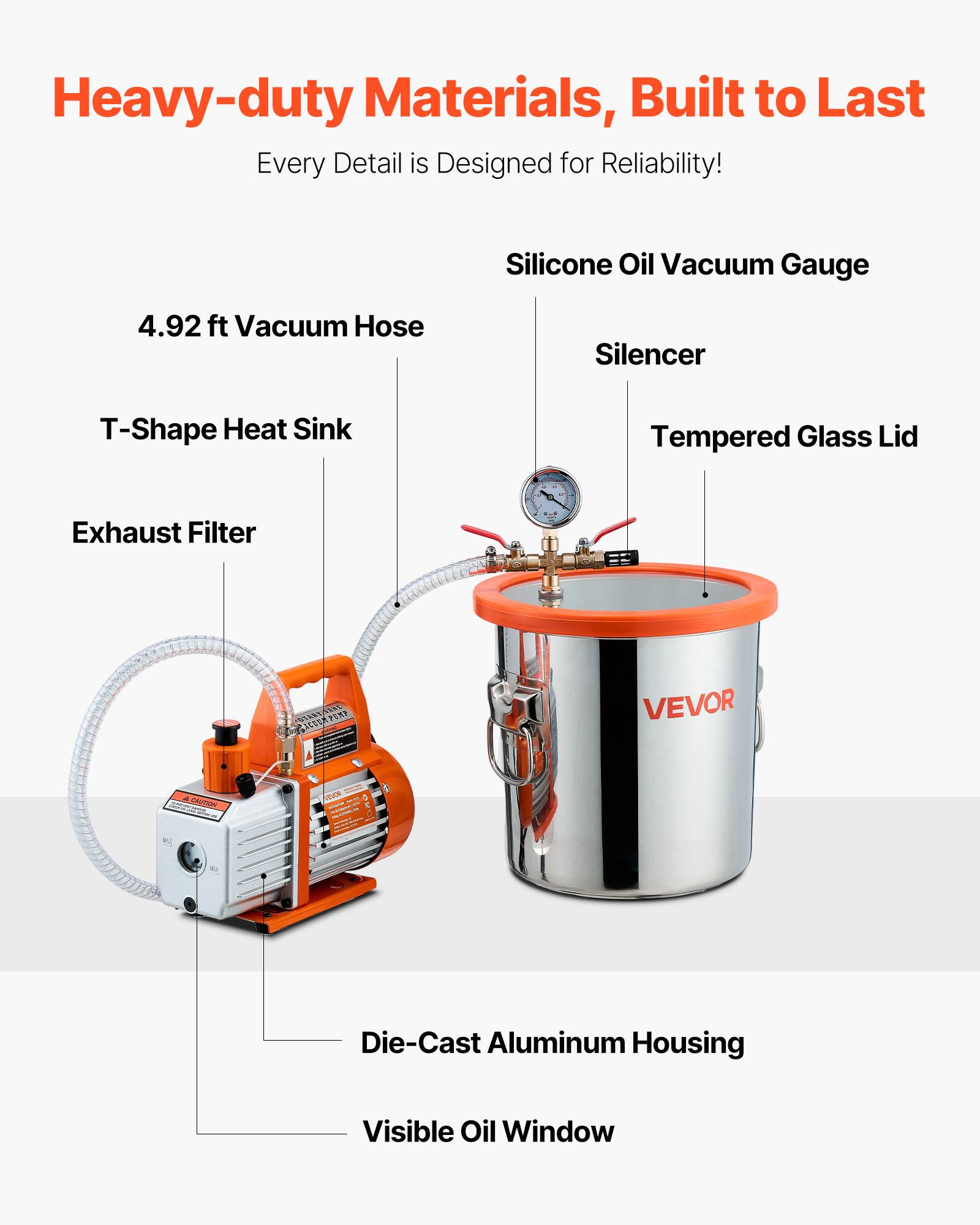 Heavy-duty Materials, Built to Last Every Detail is Designed for Reliability! Silicone Oil Vacuum Gauge 4.92 ft Vacuum Hose Silencer T-Shape Heat Sink Tempered Glass Lid Exhaust Filter SS WE PER VEVOR C UDKA - Die-Cast Aluminum Housing Visible Oil Window