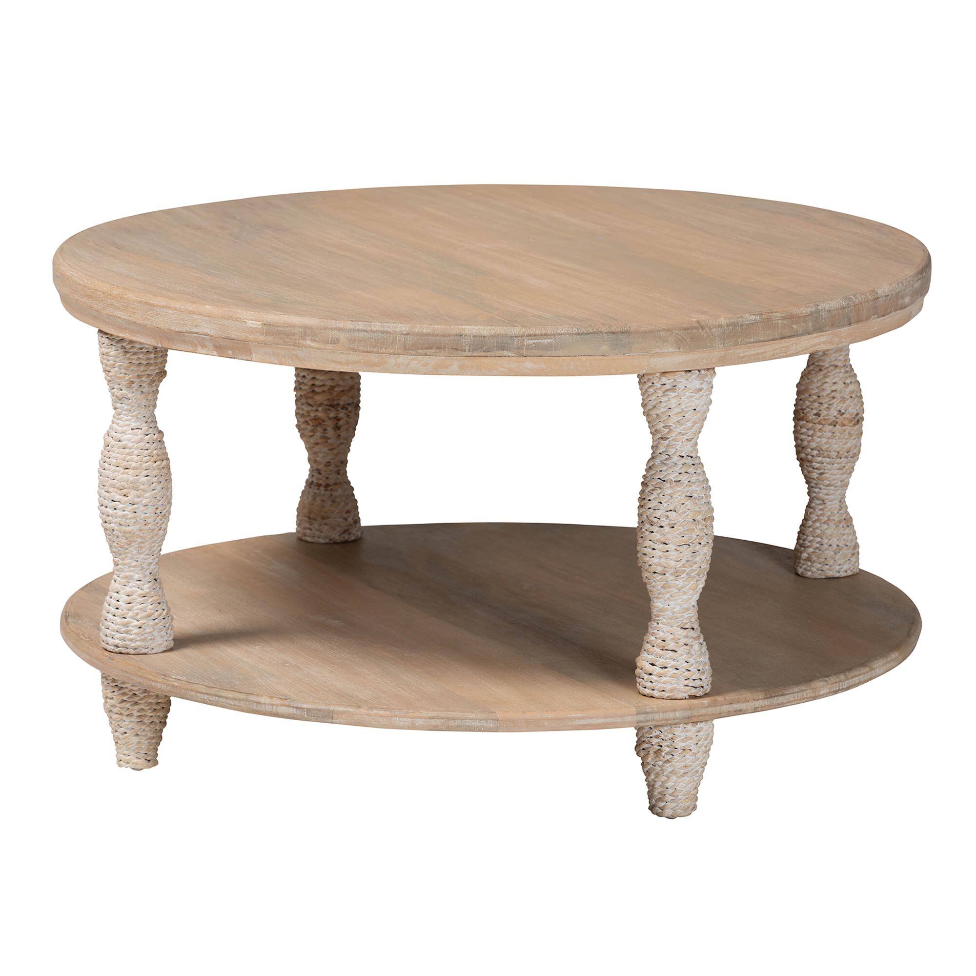 Front. bali & pari - Lejane Wood Coffee Table with Seagrass Wrapped Legs - Round Living Room Table with Open Shelf Storage - White Wash.