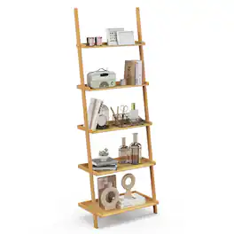 Gymax - 5-Tier Bamboo Ladder Shelf Wall-Leaning Bookshelf Display Bookcase Storage Rack - Natural