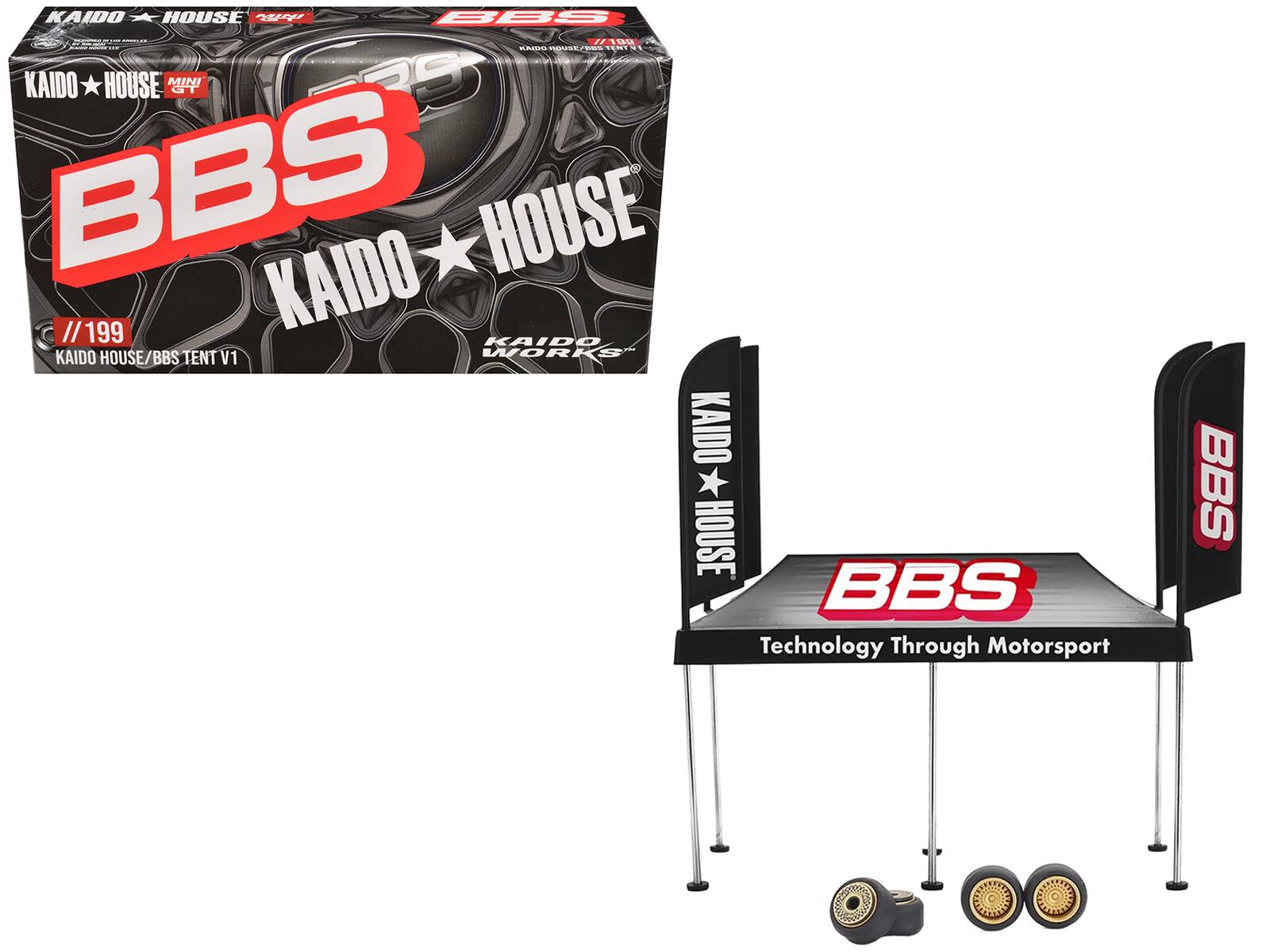 Kaido House "BBS" Tent V1 with Extra Wheels for 1/64 Scale Models by Mini GT - Black