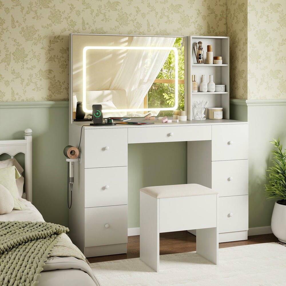Alt View 4. Kadyn - Vanity Set - Lighted Mirror, Dressing Table, Cushioned Stool, All-in-One Makeup Station - White - White.