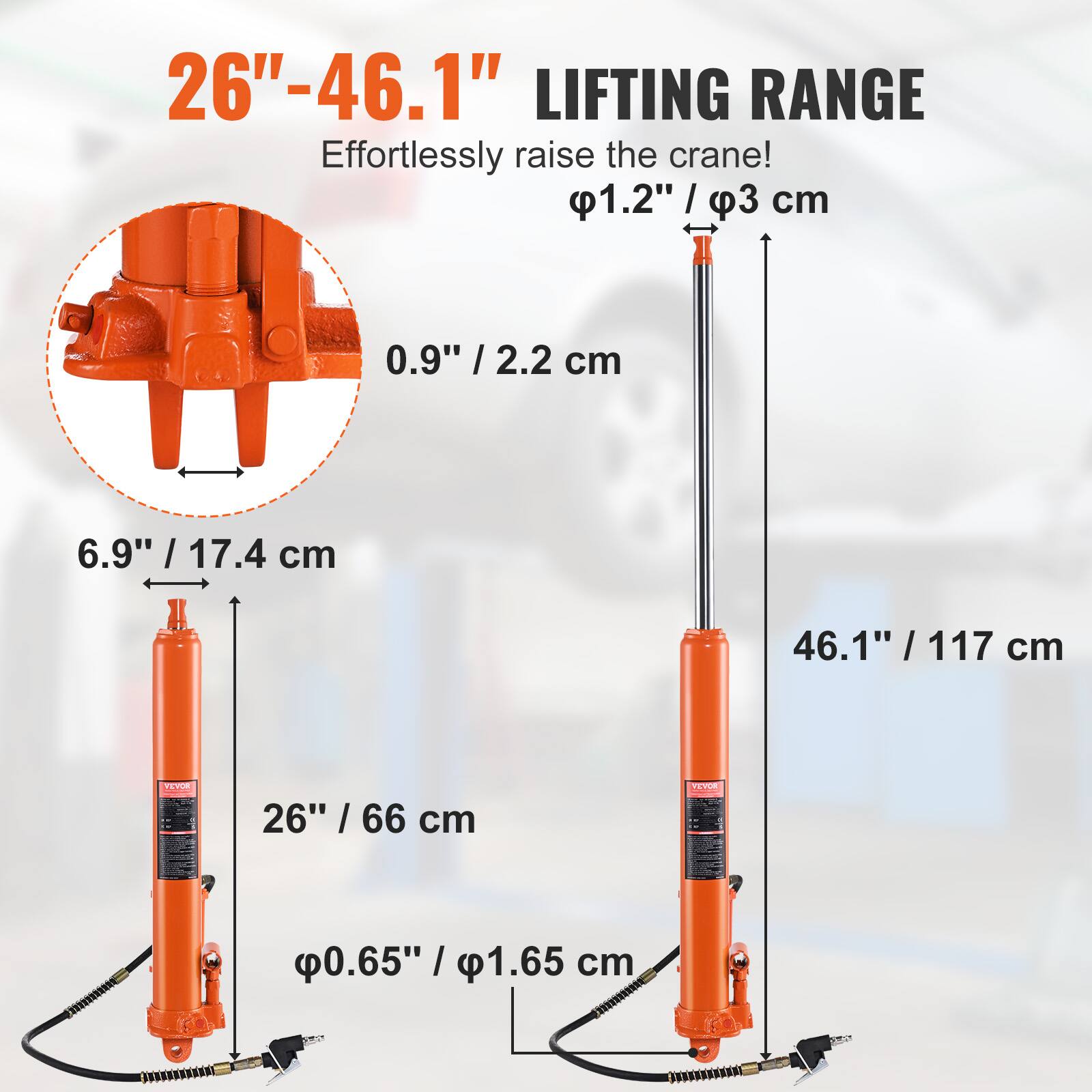 26"-46.1" LIFTING RANGE  
Effortlessly raise the crane!  
1.2" / 3 cm  
0.9" / 2.2 cm  
6.9" / 17.4 cm  
46.1" / 117 cm  
26" / 66 cm  
0.65" / 1.65 cm