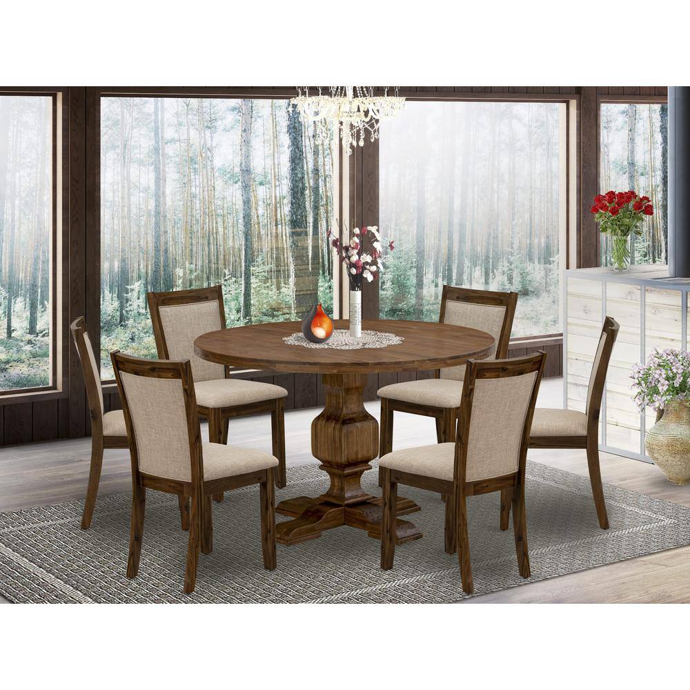 Angle. East West Furniture - East West Furniture 7-Piece Dining Room Set - Round Wood Dining Table and 6 Light Tan Color Parson Chairs with High - Multi-Color.