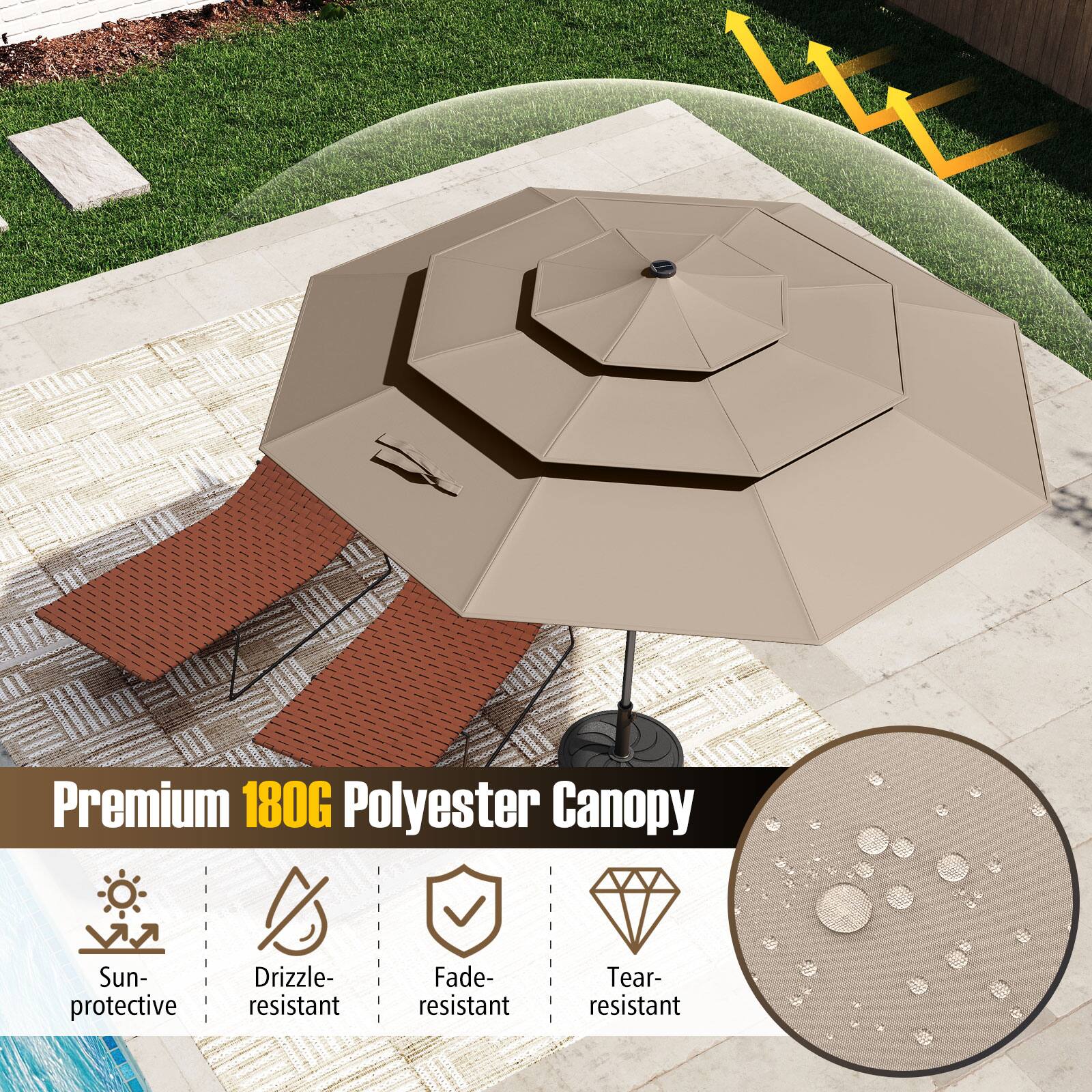 Premium 180G Polyester Canopy
Sun-protective
Drizzle-resistant
Fade-resistant
Tear-resistant