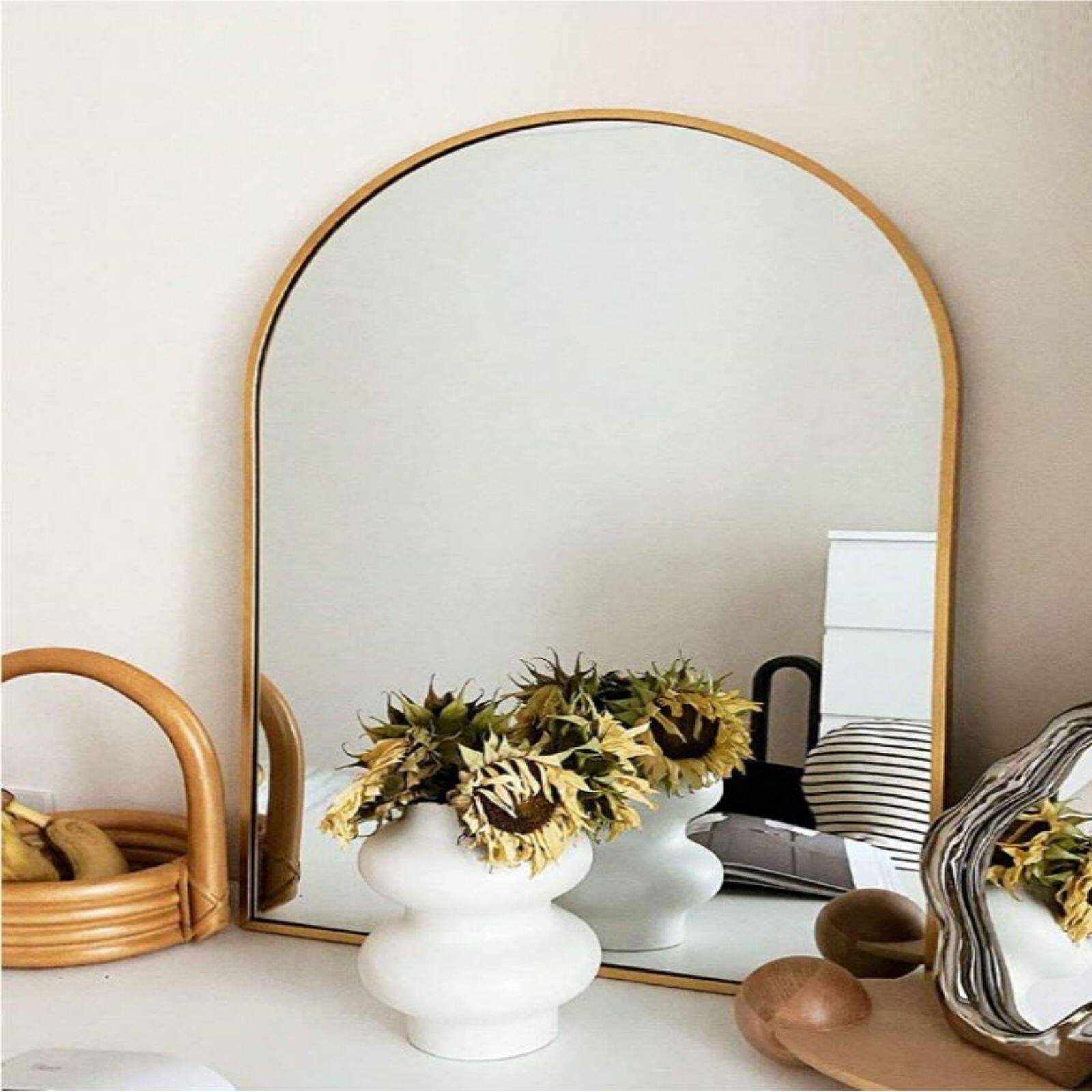 Back. HOMLUX - Arched Wall Mirror Gold Aluminum Frame Arch Top Wall Mounted Decorative for Entryway Bathroom Bedroom.