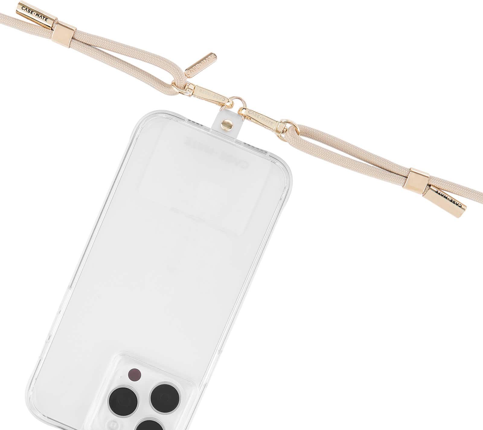 The image shows a white case with a gold chain attached to it. The case is made by Case-Mate, as indicated by the brand name on the case. The chain is likely used for attaching the case to a bag or other personal belongings.
