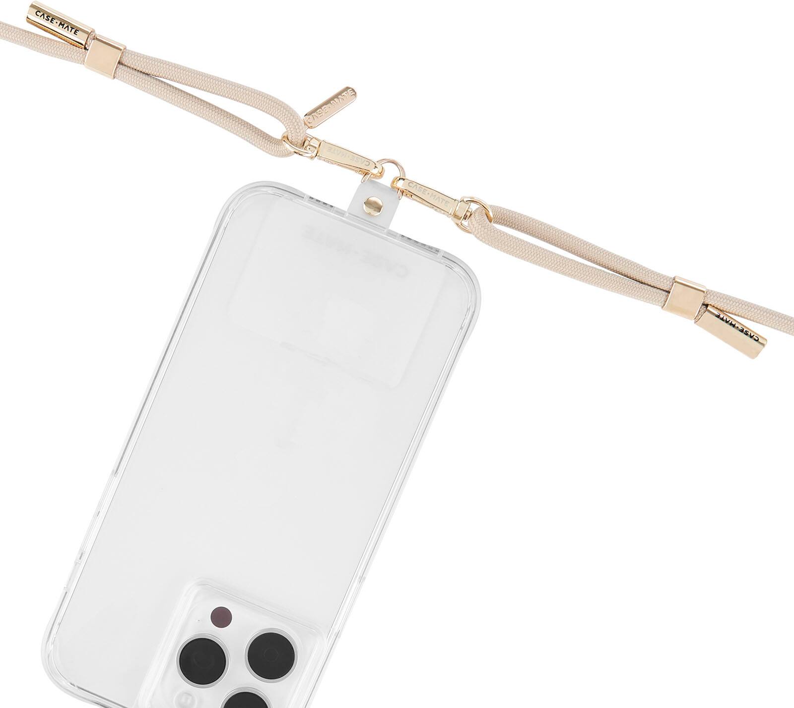 The image shows a white case with a gold chain attached to it. The case is made by Case-Mate, as indicated by the brand name on the case. The chain is likely used for attaching the case to a bag or other personal belongings.