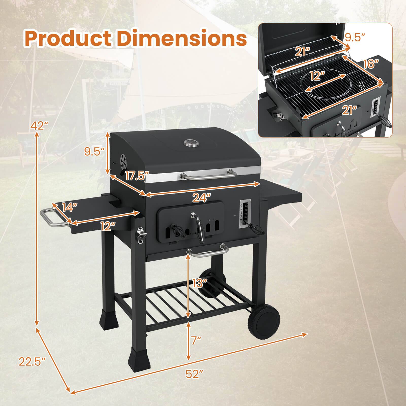 Product Dimensions

- 21" x 12" x 9.5" (top grill)
- 16" x 21" (grill area)
- 42" x 21" x 9.5" (overall height)
- 17.5" x 24" x 12" (main body)
- 14" x 13" x 7" (side shelf)
- 22.5" x 52" (base)