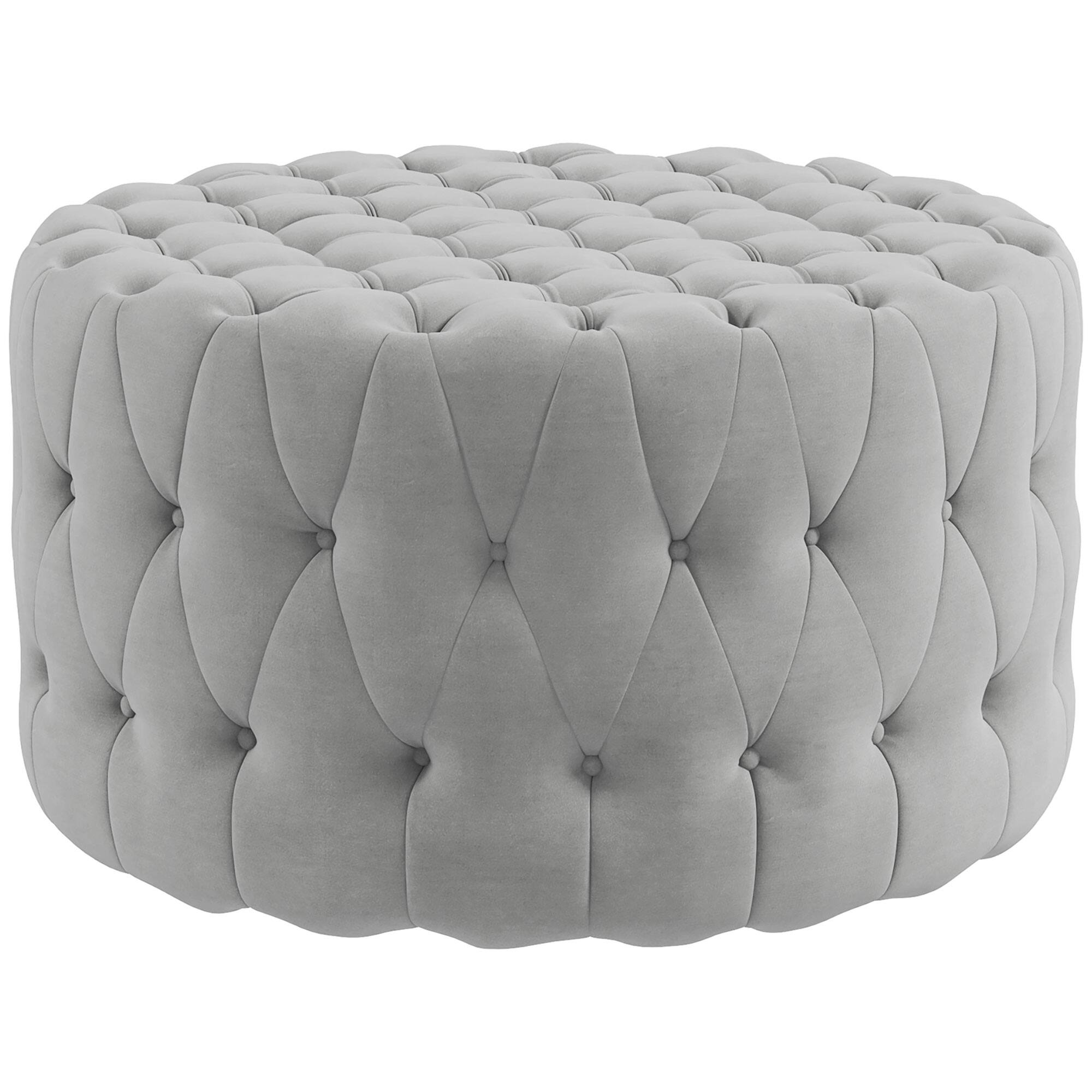 Front. Homcom - 31.5" Round Ottoman, Large Velvet-Feel Upholstered Foot Stool with Button Tufted Design and Padded Seat for Living Room - Light Grey.