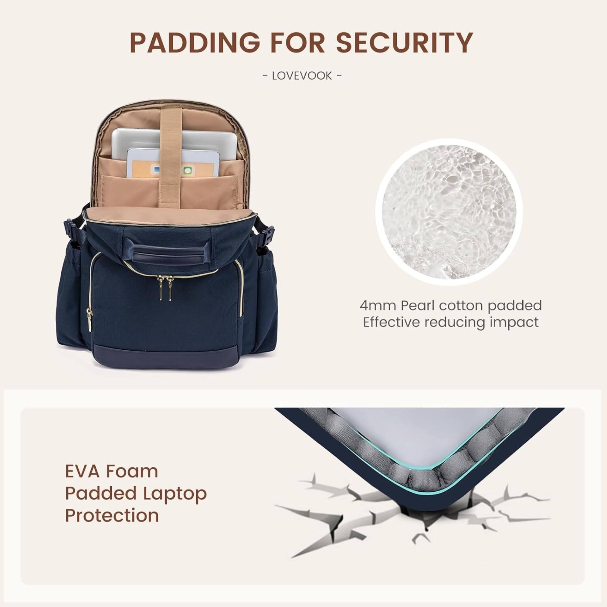 PADDING FOR SECURITY  
- LOVEVOOK -  
4mm Pearl cotton padded  
Effective reducing impact  

EVA Foam  
Padded Laptop Protection