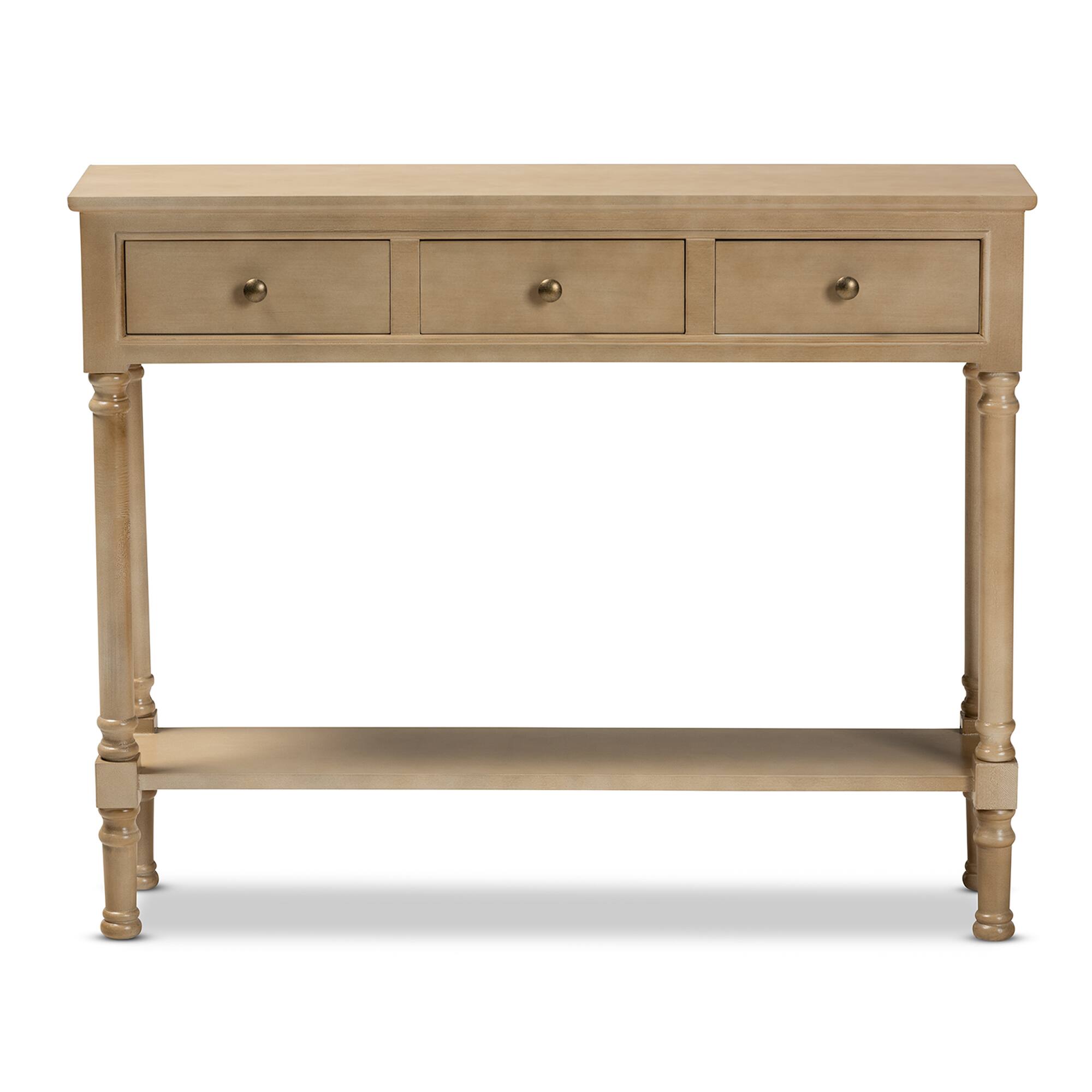 Left. Baxton Studio - Calvin Classic and Traditional French Farmhouse Finished Wood 3-Drawer Entryway Console Table - Oak Brown.
