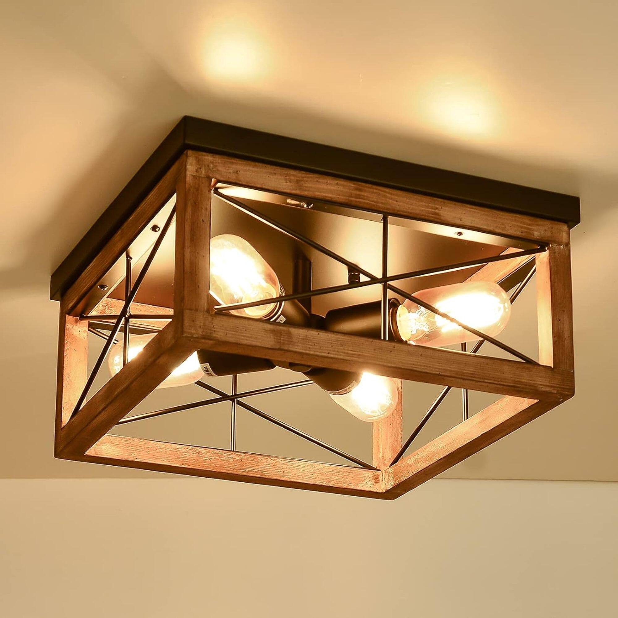 Front. ELEMENT ACE - Farmhouse Wooden Flush Mount Ceiling Light Fixture with 4 Lights for Living Room Hallway - Wood.
