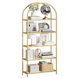 Songmics Home - 5-Tier Shelf, Tempered Glass Shelving Unit, Arched Design, Steel Structure, for Living Room Bedroom Study Bathroom - Metallic Gold