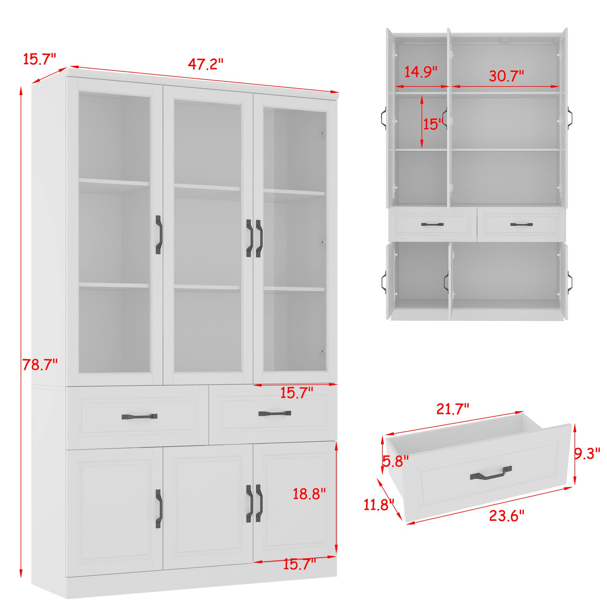 1) 78.7" 15.7" 21.7" 18.8" 5.8" 11.8" 23.6" 9.3" 15.7" 2) 15.7" 47.2" 14.9" 30.7" 15"