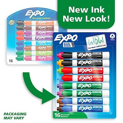 New Ink, New Look!  
EXPO dry erase markers  
Easily Erases  
WOW! Our Most Vibrant Ink  
Chisel  
Low Odor  
PACKAGING MAY VARY  
16 Dry Erase Markers