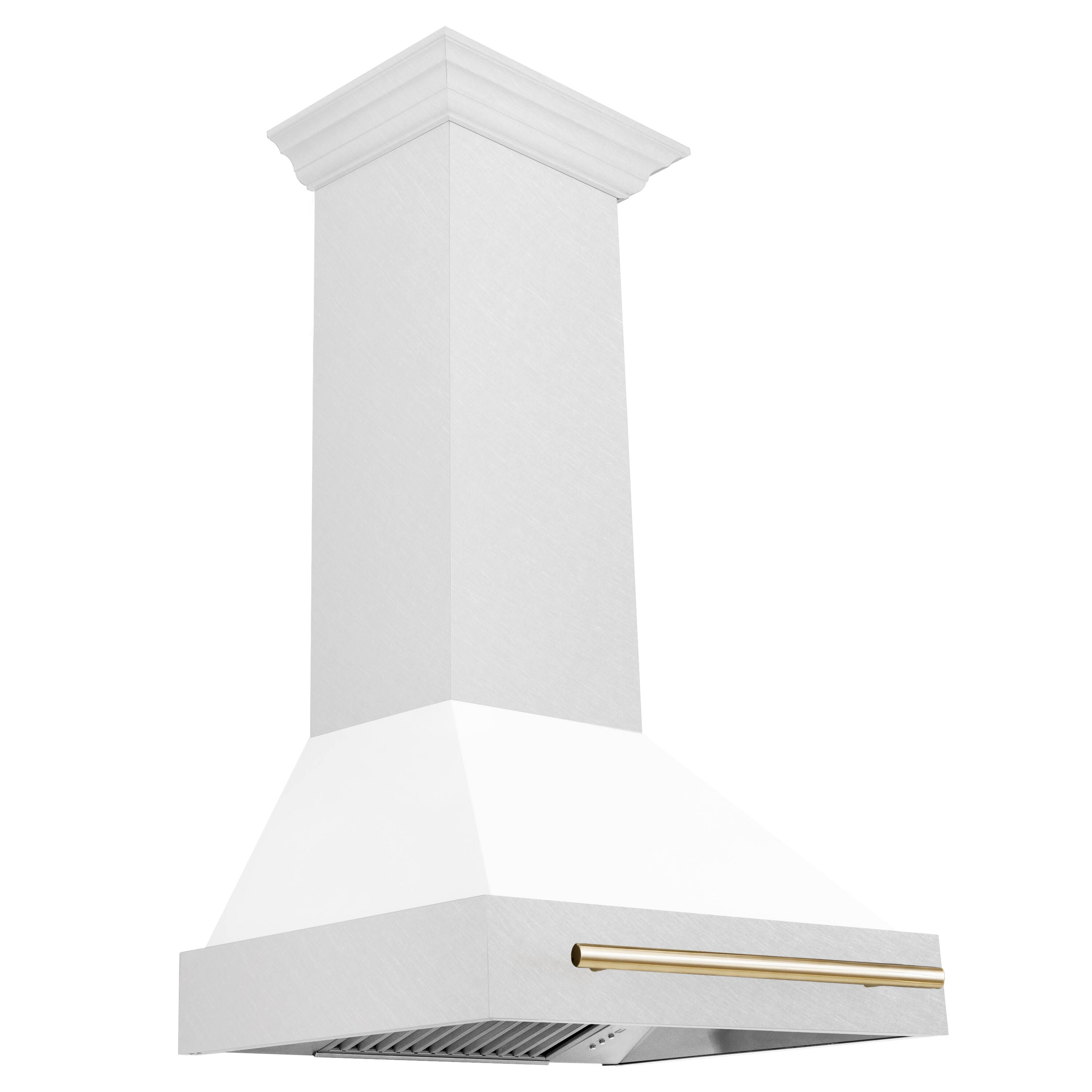 Left. ZLINE - ZLINE Autograph 30 in. Satin Stainless Steel Wall Mount Range Hood with White Matte Shell and Polished Gold Handle - Satin Stainless Steel with White Matte Shell.